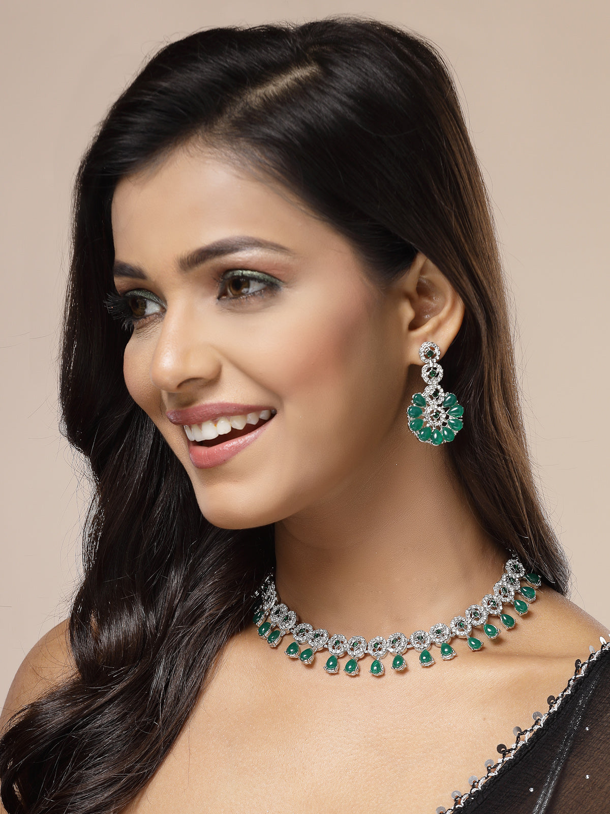 Sukkhi Elegant Fashion Design Rhodium Silver Plated Kundan & American Diamond Studded Green Choker Necklace with Dangle Earrings Jewellery For Women & Girls|NS107377