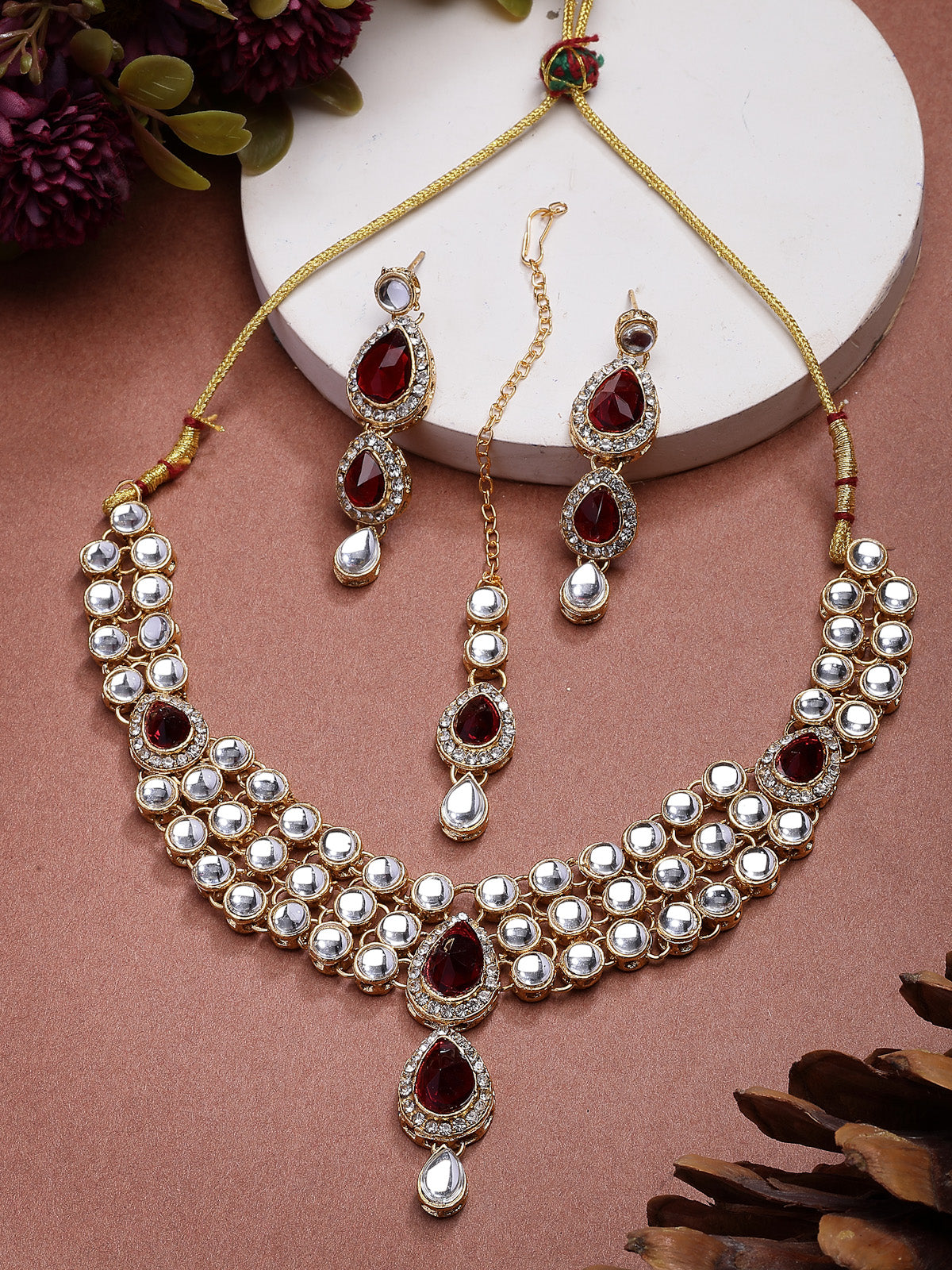 Sukkhi Elegant Stylish Gold Plated Kundan Studded Red Choker Necklace with Drop Earring Maangtikka Jewellery Set for Women & Girls|NS107378
