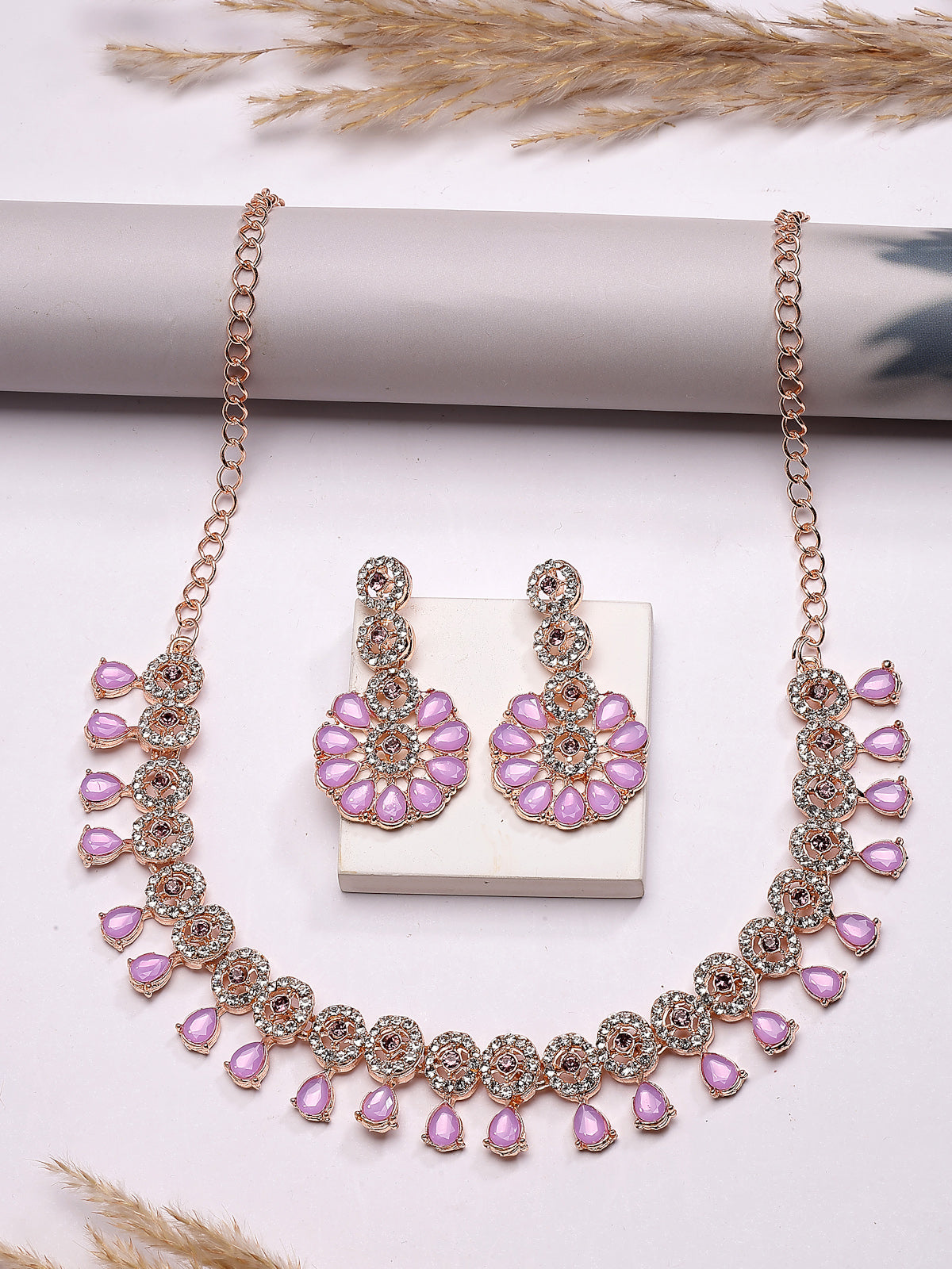 Sukkhi Lovely Fashionable Gold Plated Kundan & American Diamond Studded Pink Purple Choker Necklace With Dangle Earrings Jewellery Set for Women & Girls|NS107379