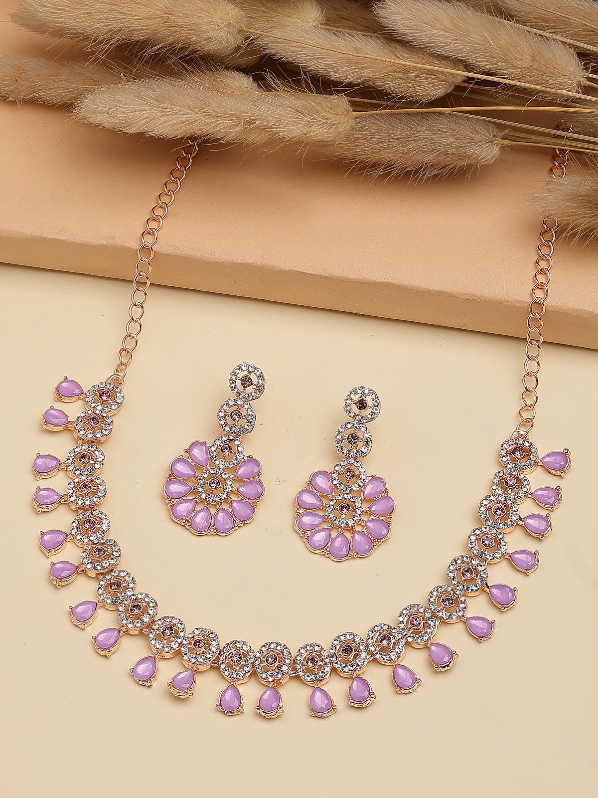 Sukkhi Lovely Fashionable Gold Plated Kundan & American Diamond Studded Pink Purple Choker Necklace With Dangle Earrings Jewellery Set for Women & Girls|NS107379