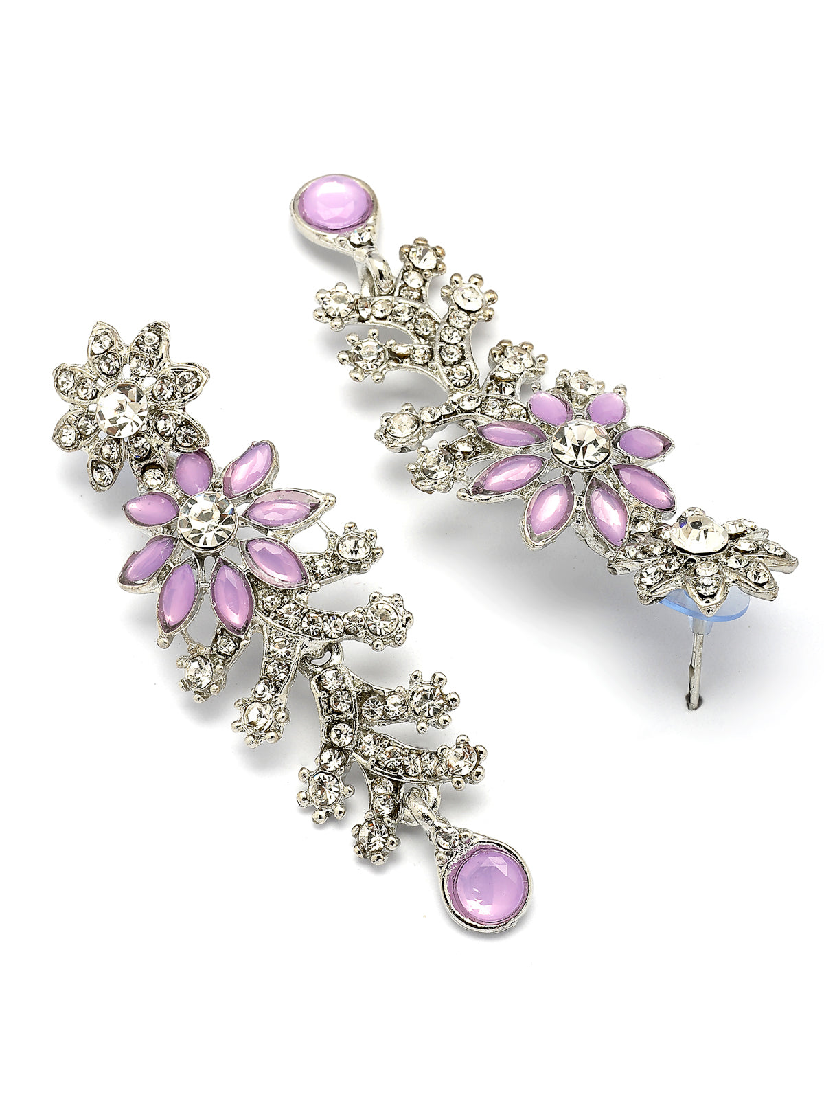 Sukkhi Charming AD Diamonds Studded Rhodium Silver Plated Purple Floral Choker Necklace with Danlge Earrings Maangtikka Jewellery Set for Women & Girls|NS107380