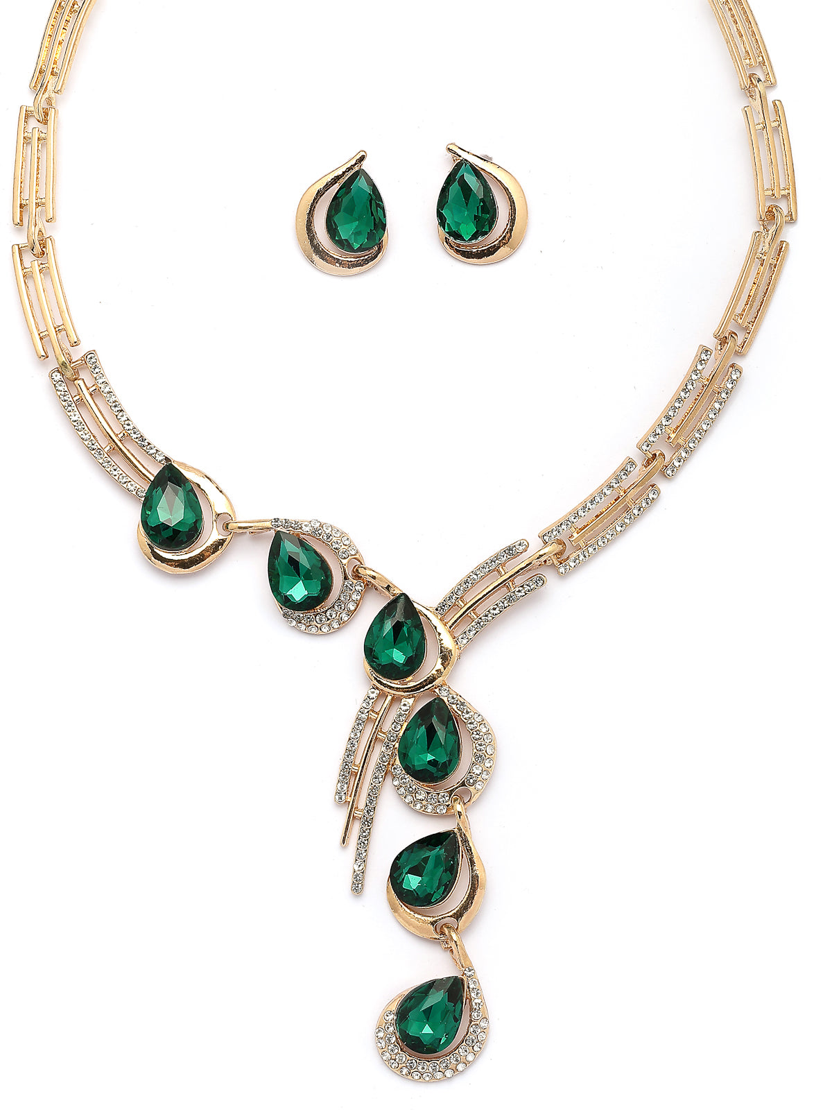 Sukkhi Celebrity Inspired Stylish AD Stone Studded Gold Plated Green Drop Style Choker Necklace With Studs Earring Jewellery Set for Women & Girls|NS107381