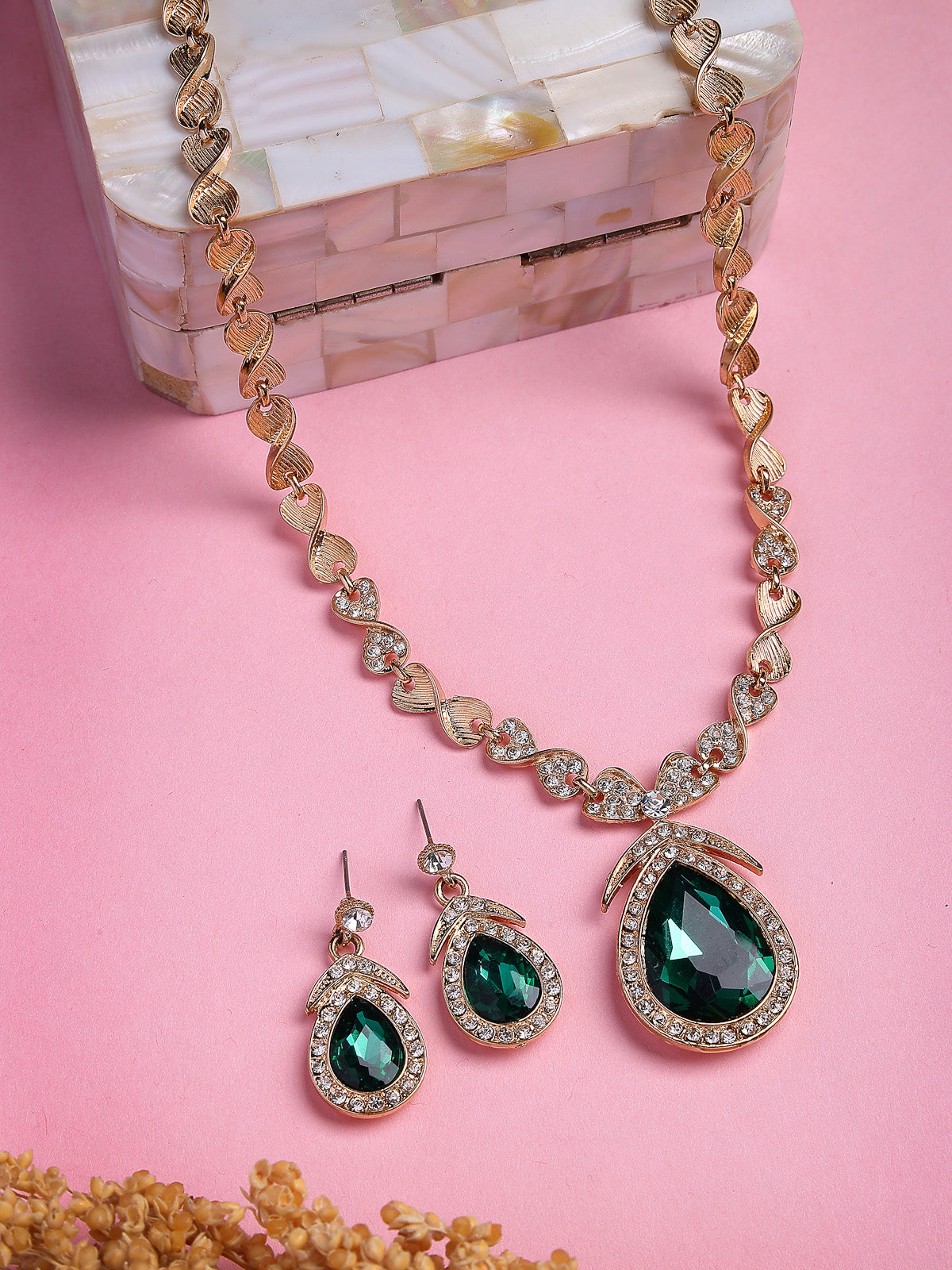 Sukkhi Flawless Fashion Design Gold Plated AD Stones Studded Green Choker Necklace with Drop Earrings Jewellery Set for Women & Girls|NS107383