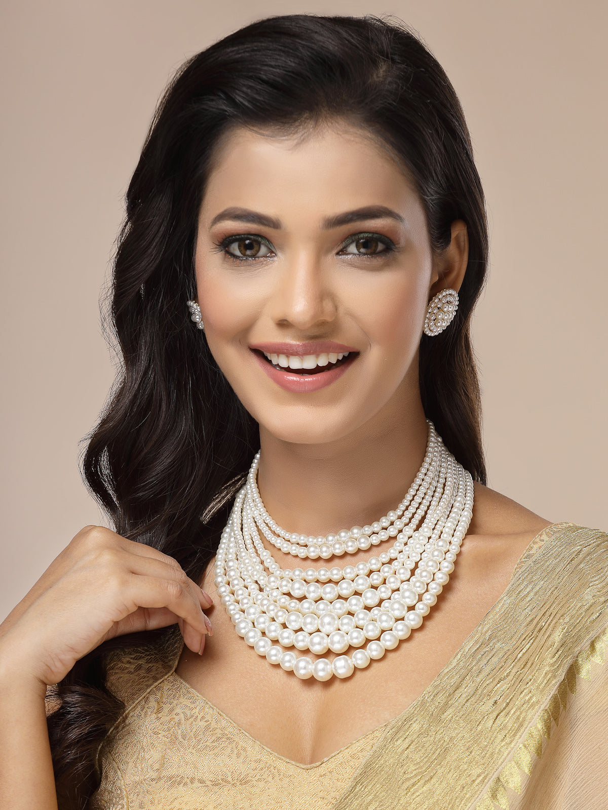 Sukkhi Beautiful Bright Gold Plated Handmade Multilayer Pearls Choker Necklace with Studs Earring Jewellery Set For Women & Girls|Perfect for All Occasions|NS107385