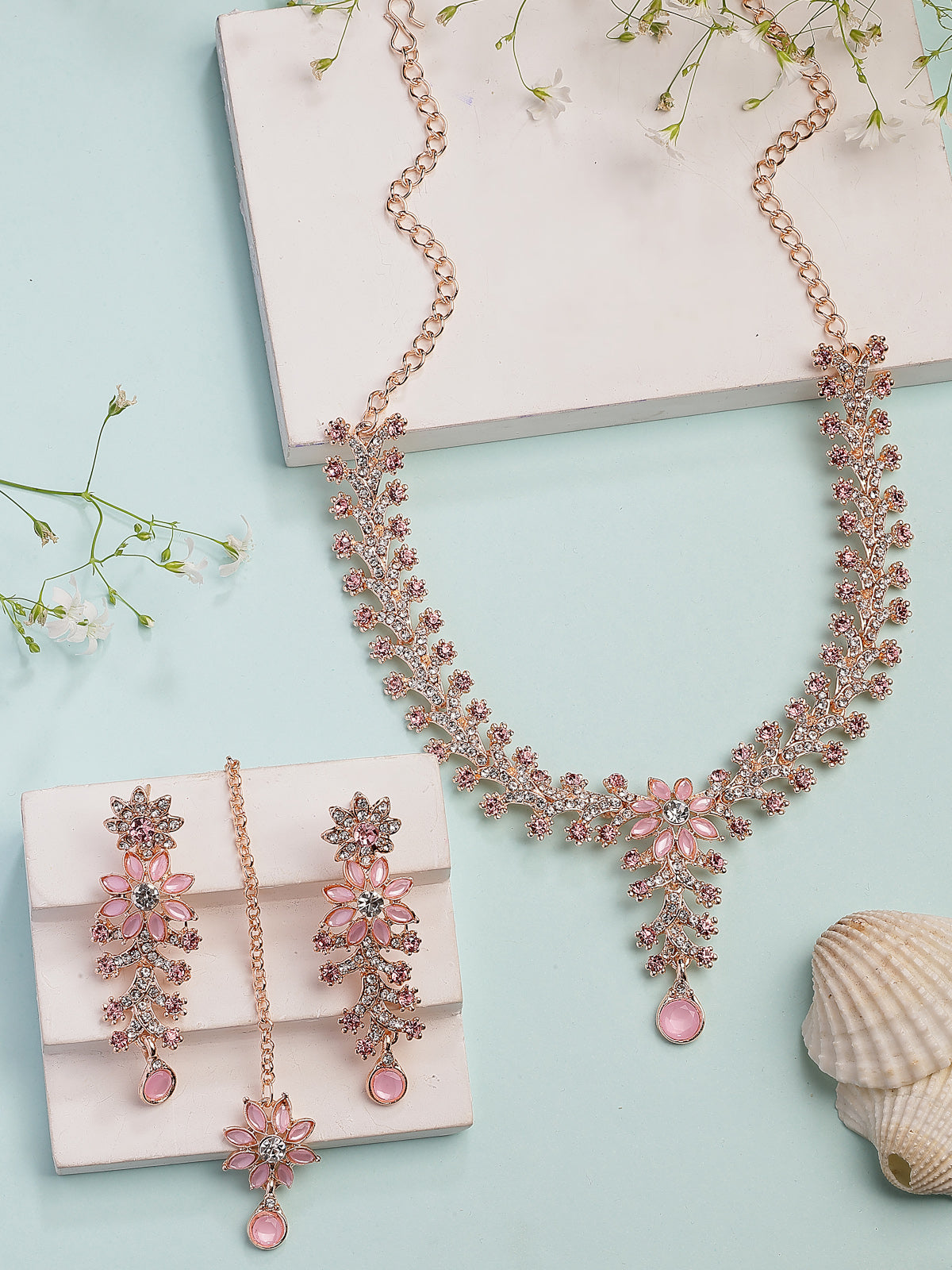 Sukkhi Delicate Fashion Style Gold Plated AD Stones Studded Floral Style Pink Choker Necklace with Dangle Earring & Maangtikk Jewellery Set For Women & Girls|NS107386