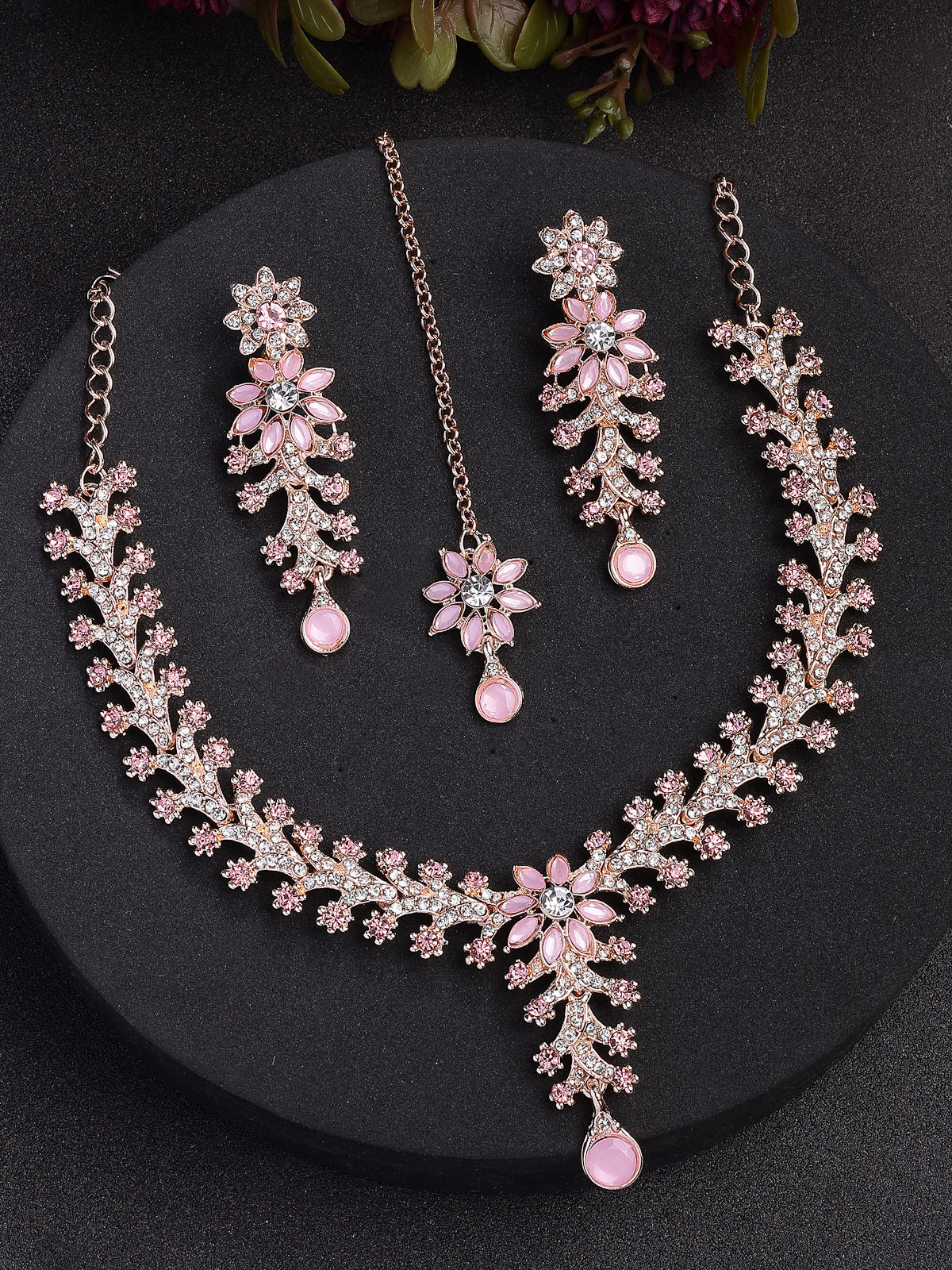 Sukkhi Delicate Fashion Style Gold Plated AD Stones Studded Floral Style Pink Choker Necklace with Dangle Earring & Maangtikk Jewellery Set For Women & Girls|NS107386