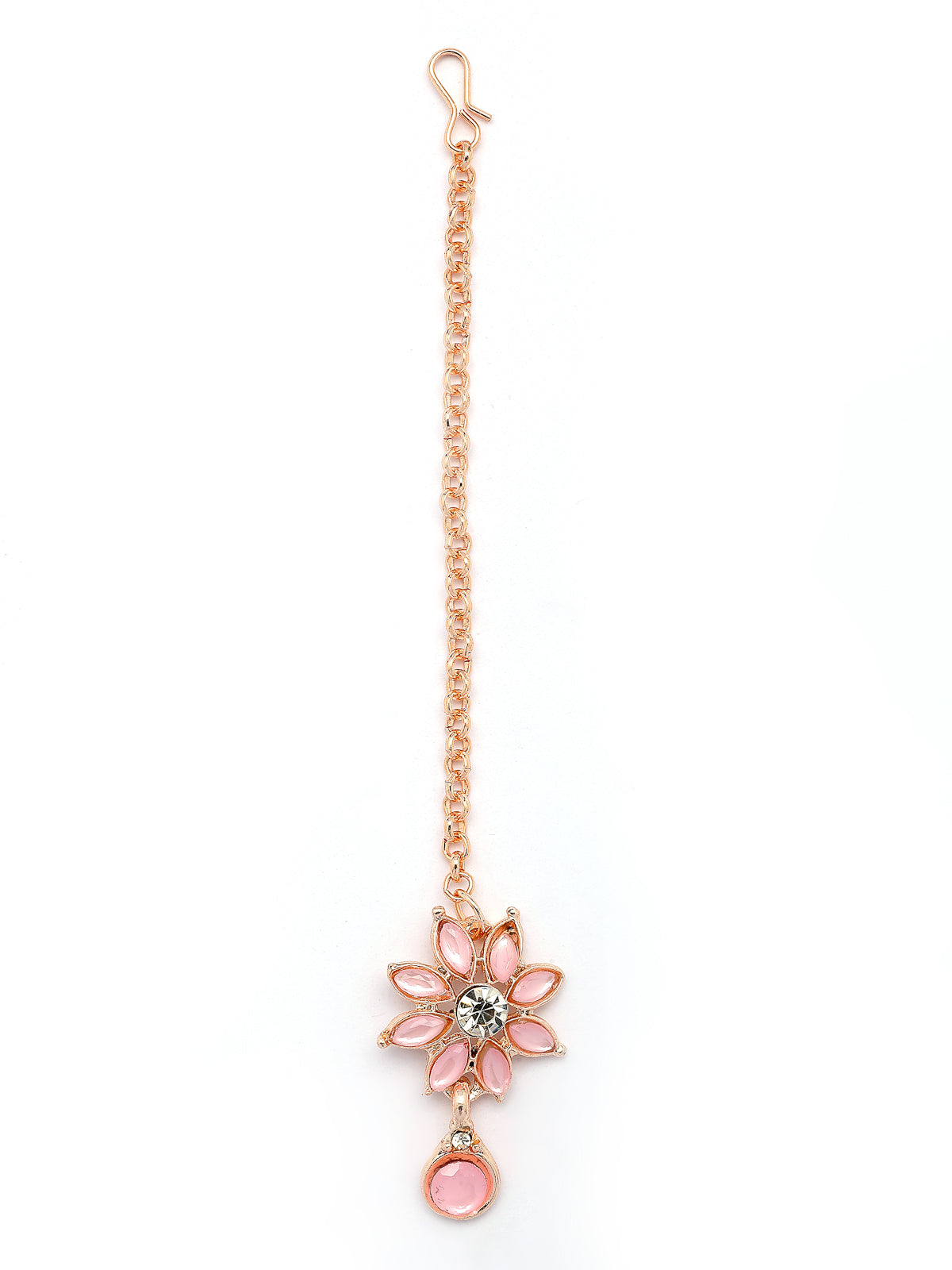 Sukkhi Delicate Fashion Style Gold Plated AD Stones Studded Floral Style Pink Choker Necklace with Dangle Earring & Maangtikk Jewellery Set For Women & Girls|NS107386