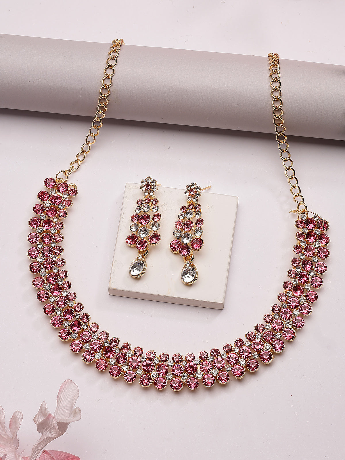 Sukkhi Elegant Fashion Design Gold Plated AD Stones Studded Pink Choker Necklace with Dangle Earring Jewellery For Women & Girls| Best Suited for All Occasions|NS107388