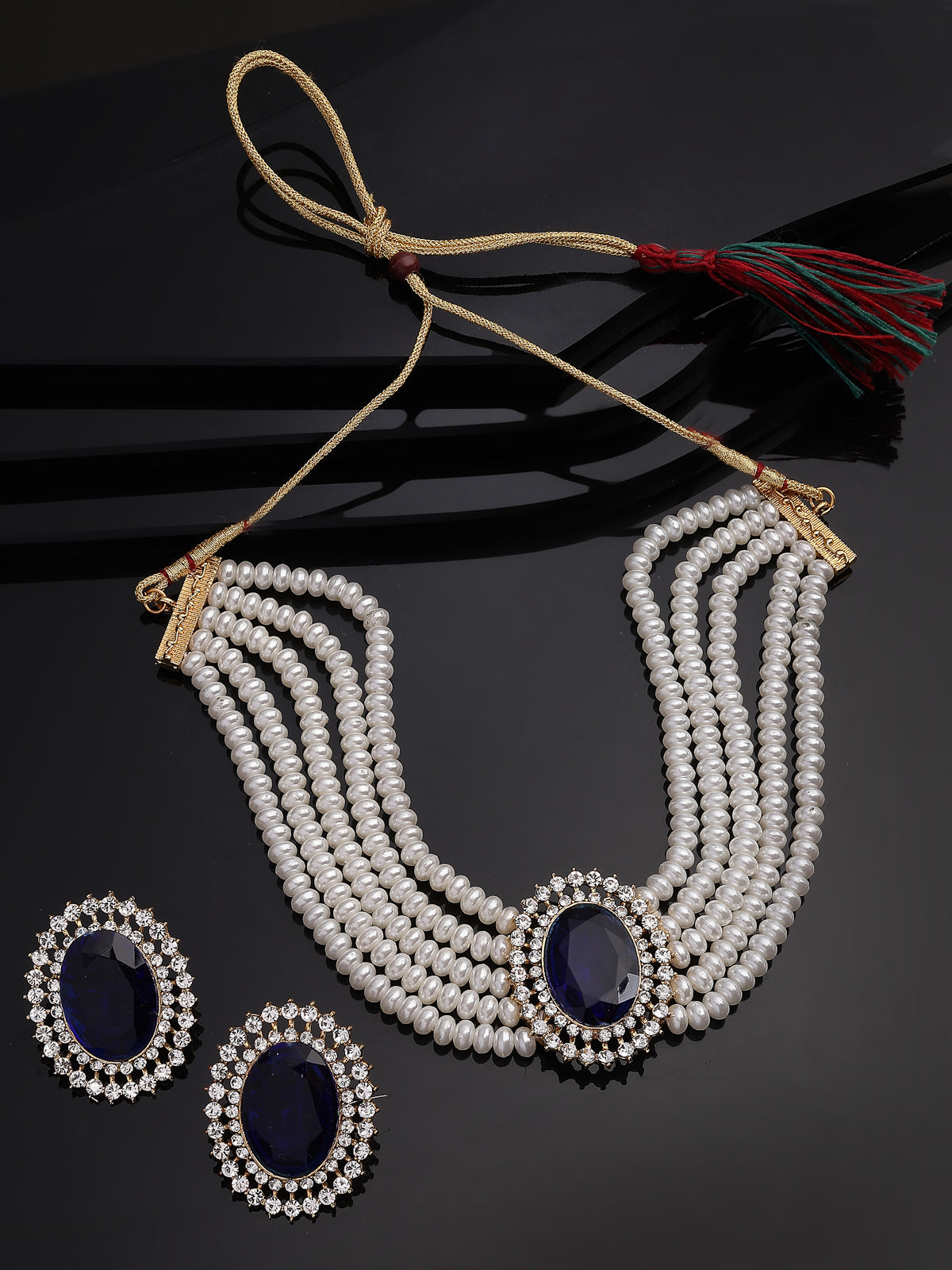 Sukkhi Eye-Catchy Gold Plated with Multi String Faux Pearls Blue Choker Necklace with Studs Earring Jewellery Set For Women & Girls|NS107389