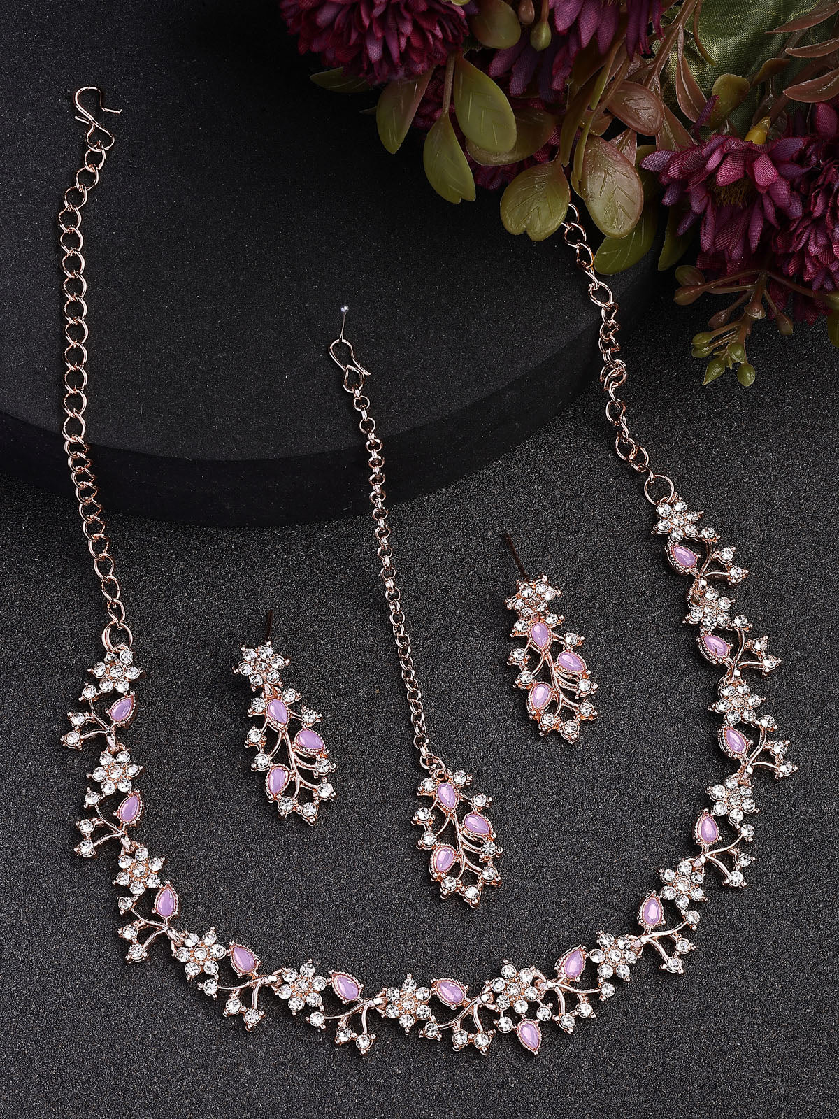 Sukkhi American Diamond AD Stone Studded Floral & Leaf Shaped Rose God Plated Purple Choker Necklace with Dangle Earring Maangtikka Jewellery Set for Women & Girls|NS107393
