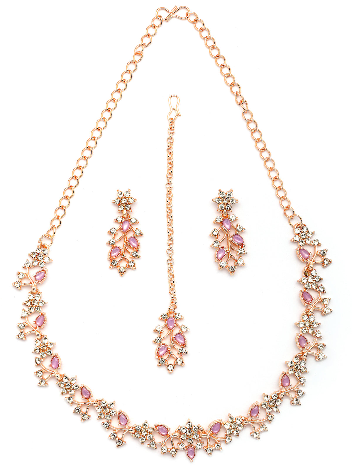 Sukkhi American Diamond AD Stone Studded Floral & Leaf Shaped Rose God Plated Purple Choker Necklace with Dangle Earring Maangtikka Jewellery Set for Women & Girls|NS107393