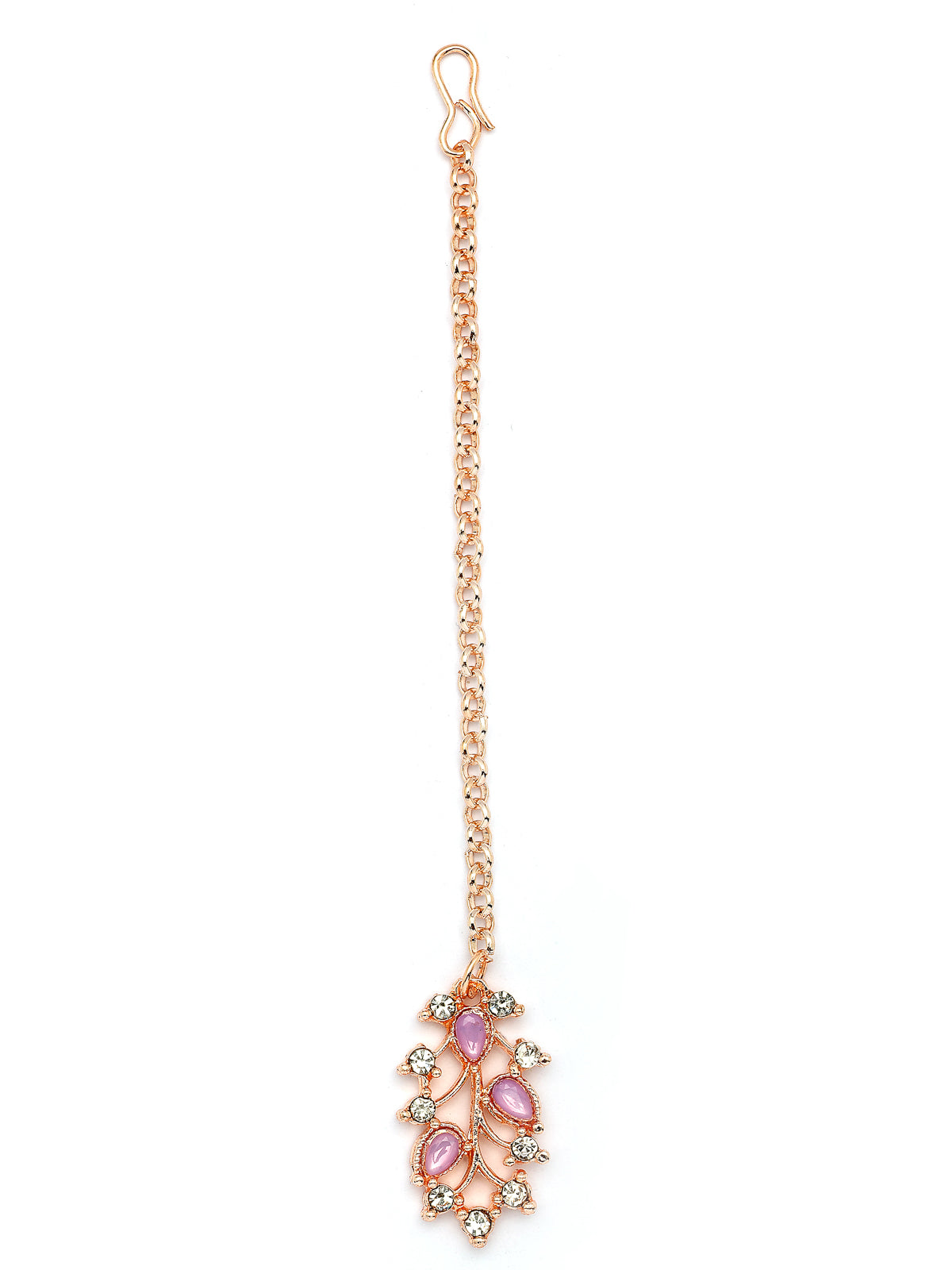 Sukkhi American Diamond AD Stone Studded Floral & Leaf Shaped Rose God Plated Purple Choker Necklace with Dangle Earring Maangtikka Jewellery Set for Women & Girls|NS107393