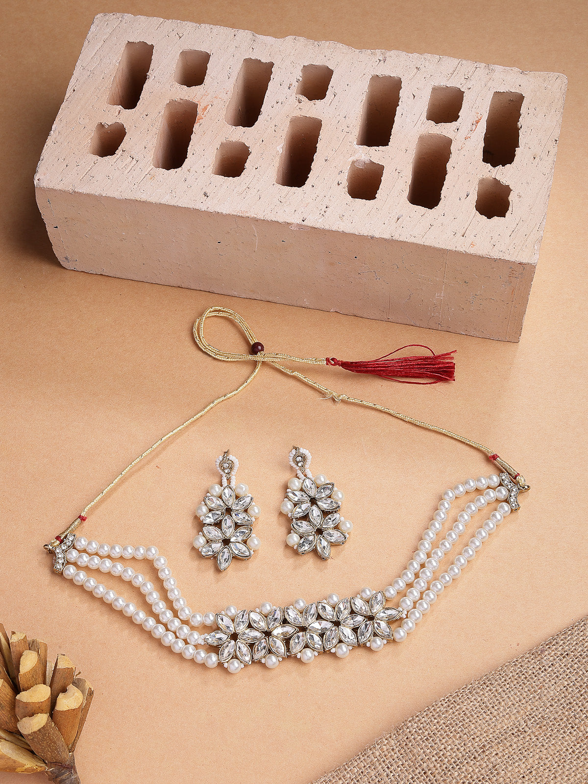 Sukkhi Unique Fashionable Gold Tone AD Stone Shine Stones Studded & Multistrand Pearls Choker Necklace with Drop Earring Jewellery Set For Women & Girls|NS107394