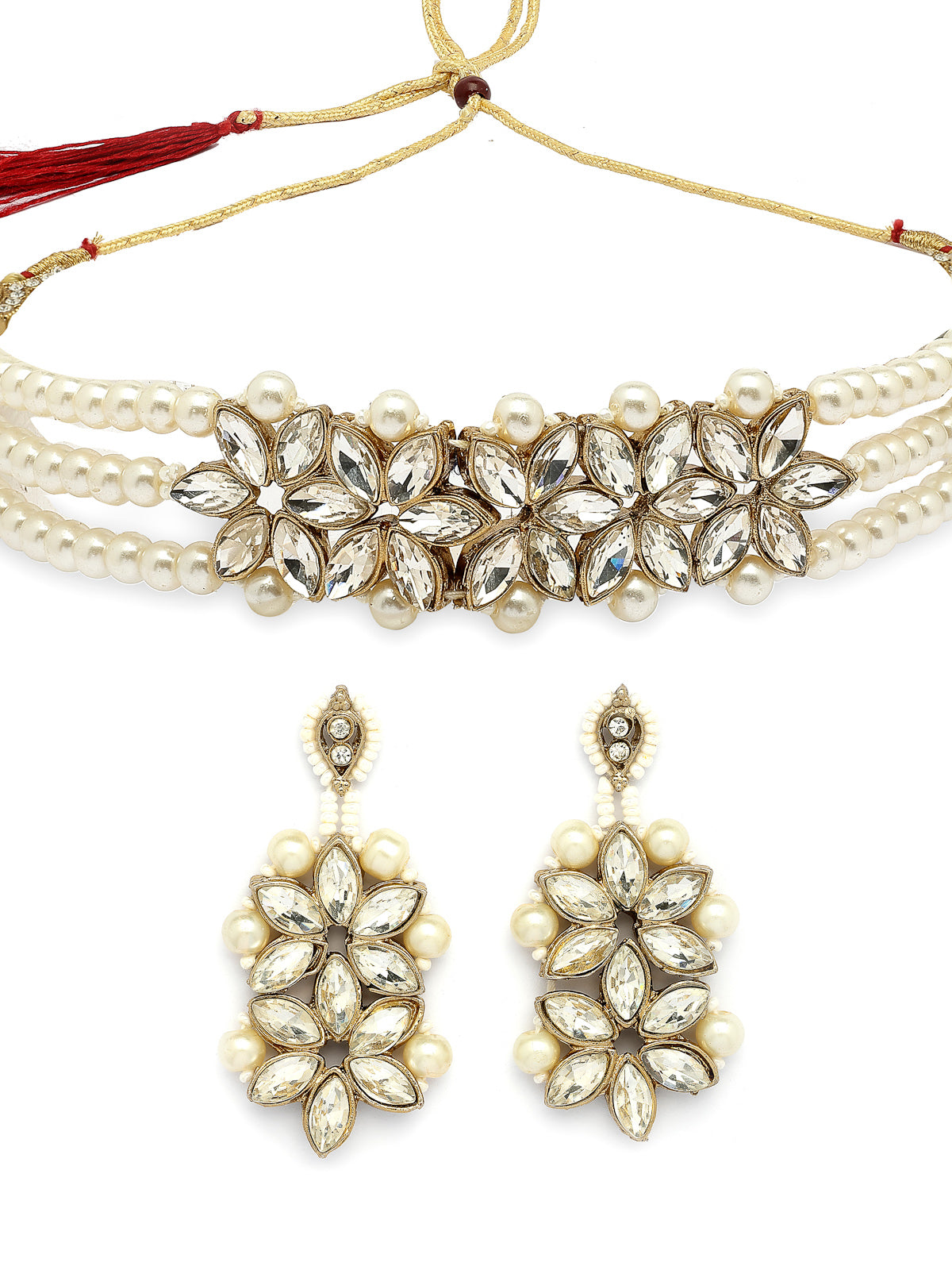Sukkhi Unique Fashionable Gold Tone AD Stone Shine Stones Studded & Multistrand Pearls Choker Necklace with Drop Earring Jewellery Set For Women & Girls|NS107394
