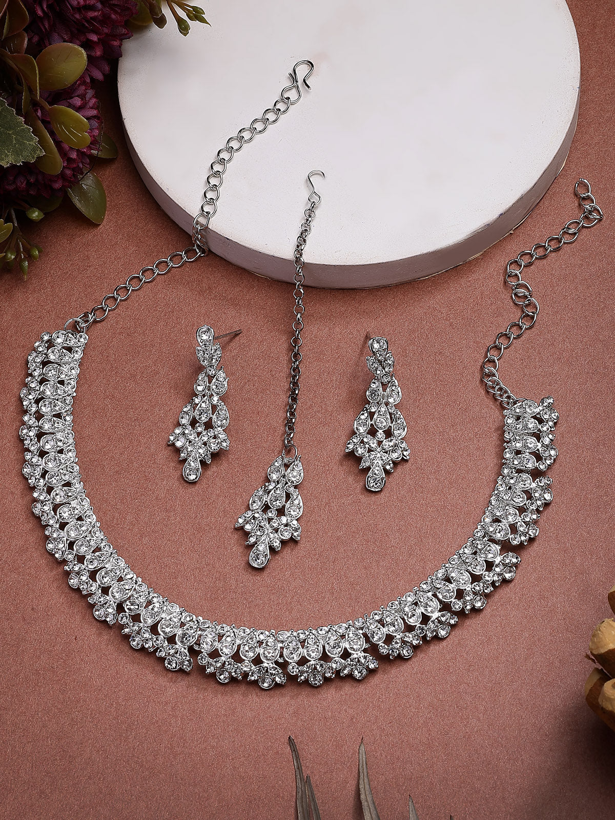Sukkhi Pretty Stylish American Diamond Studded Rhodium Silver Plated Choker Necklace with Dangle Earring Jewellery Set for Women & Girls|Perfect for All Parties & Festive Occasions|NS107396