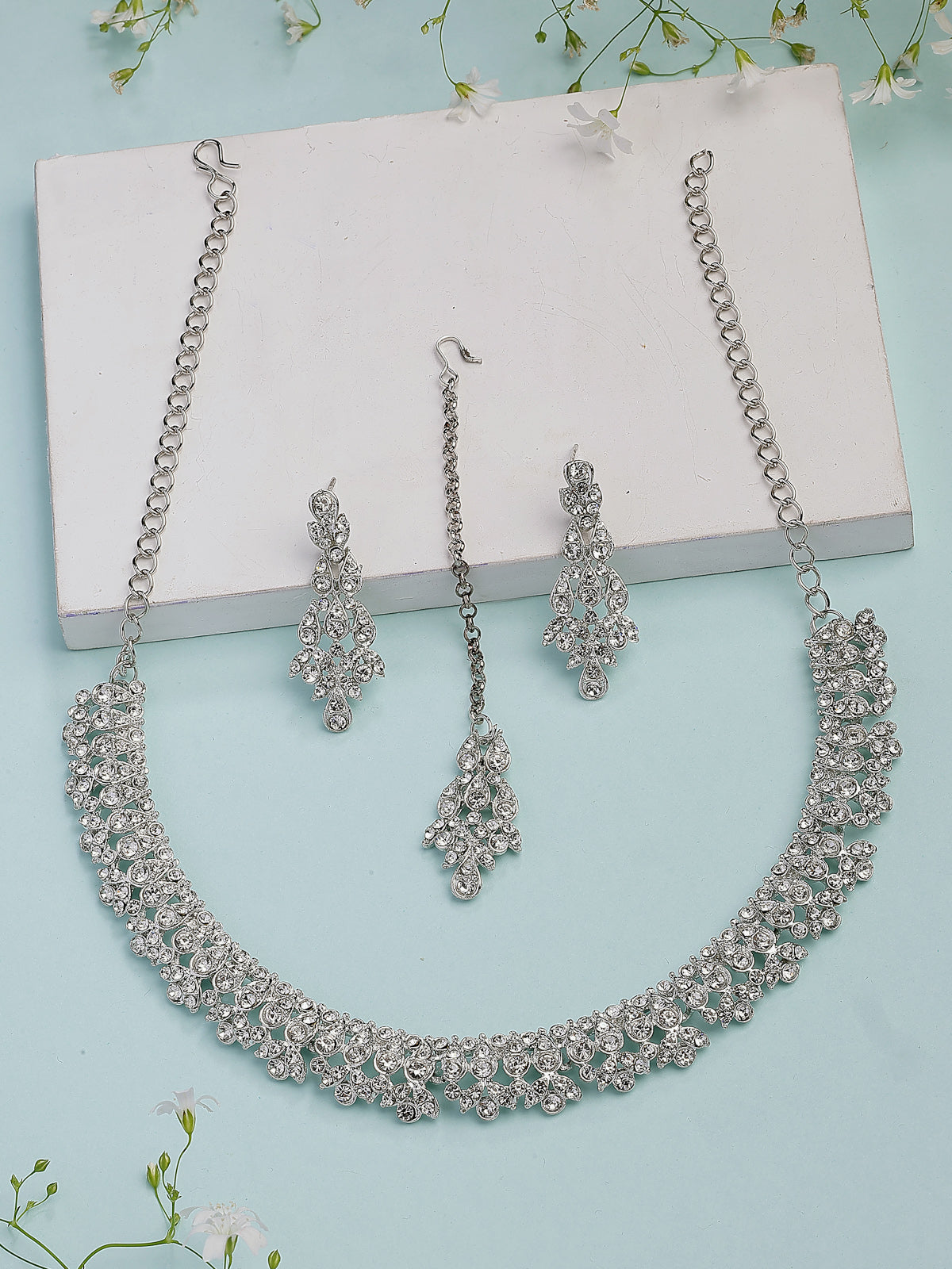 Sukkhi Pretty Stylish American Diamond Studded Rhodium Silver Plated Choker Necklace with Dangle Earring Jewellery Set for Women & Girls|Perfect for All Parties & Festive Occasions|NS107396