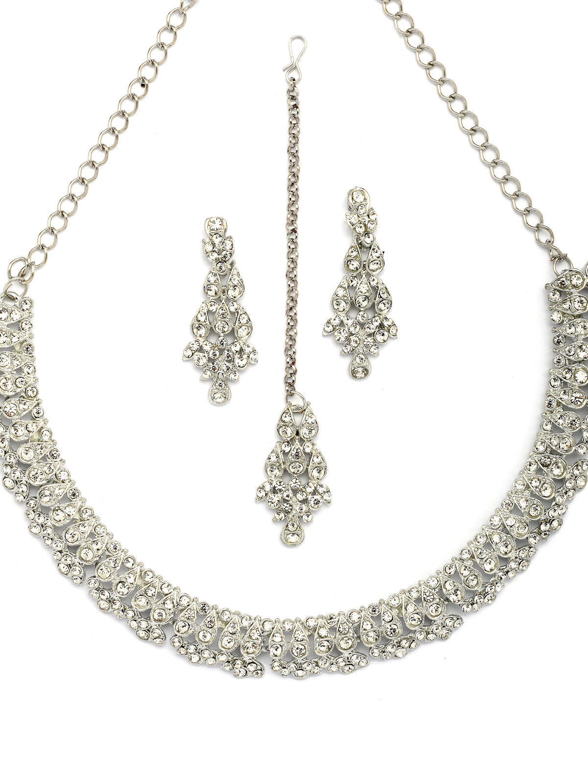 Sukkhi Pretty Stylish American Diamond Studded Rhodium Silver Plated Choker Necklace with Dangle Earring Jewellery Set for Women & Girls|Perfect for All Parties & Festive Occasions|NS107396