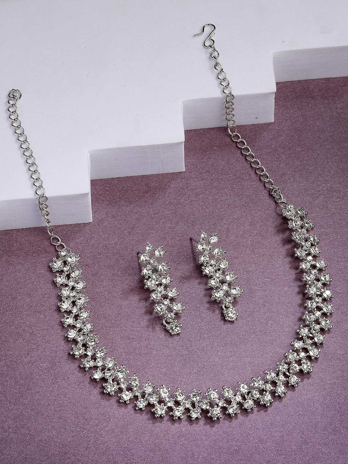 Sukkhi Attractive AD Diamond Studded Rhodium Silver Plated Choker Necklace with Dangle Earring Jewellery Set For Women & Girls|Best Suits for All Festive Occasions|NS107397