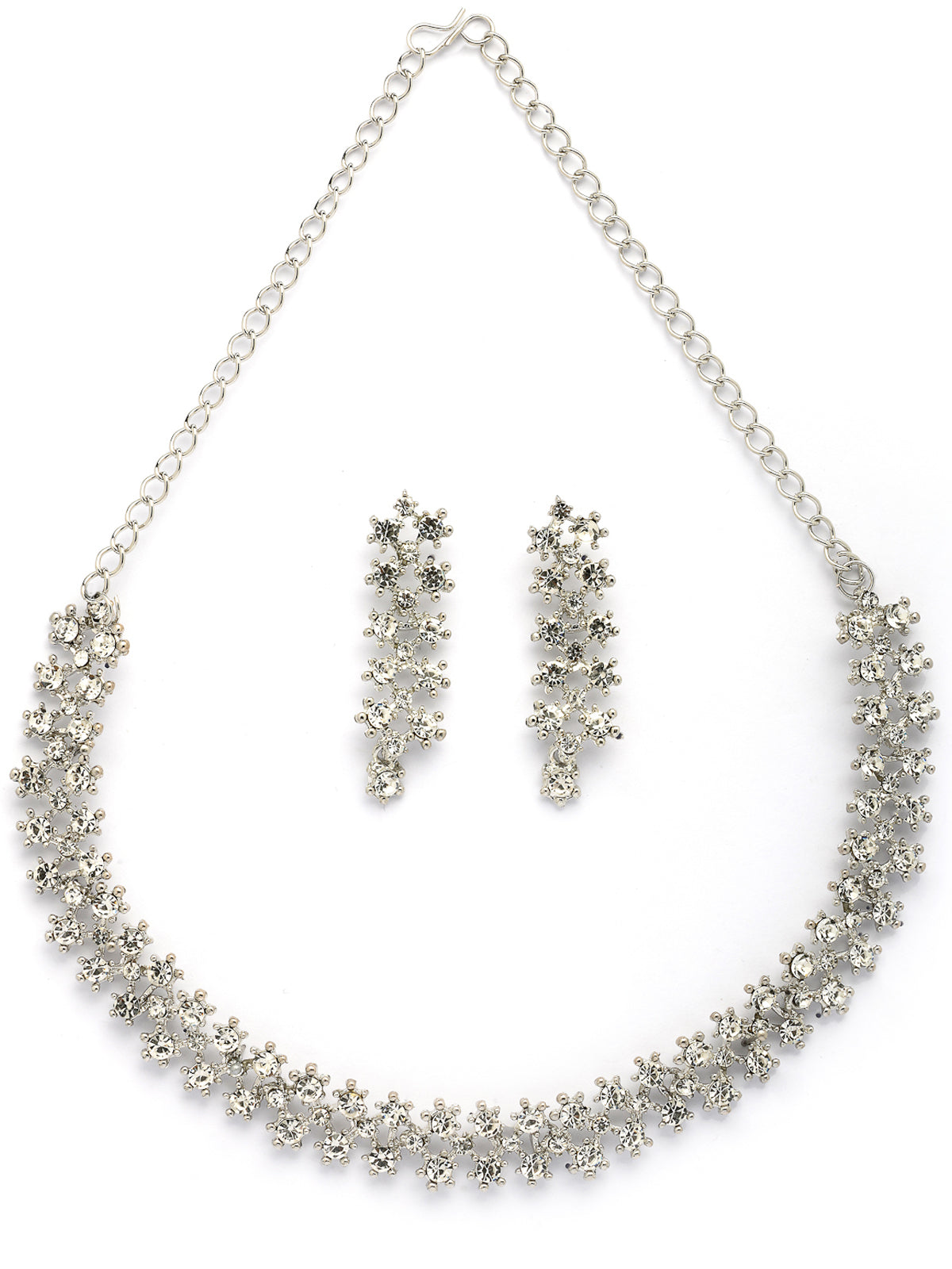 Sukkhi Attractive AD Diamond Studded Rhodium Silver Plated Choker Necklace with Dangle Earring Jewellery Set For Women & Girls|Best Suits for All Festive Occasions|NS107397