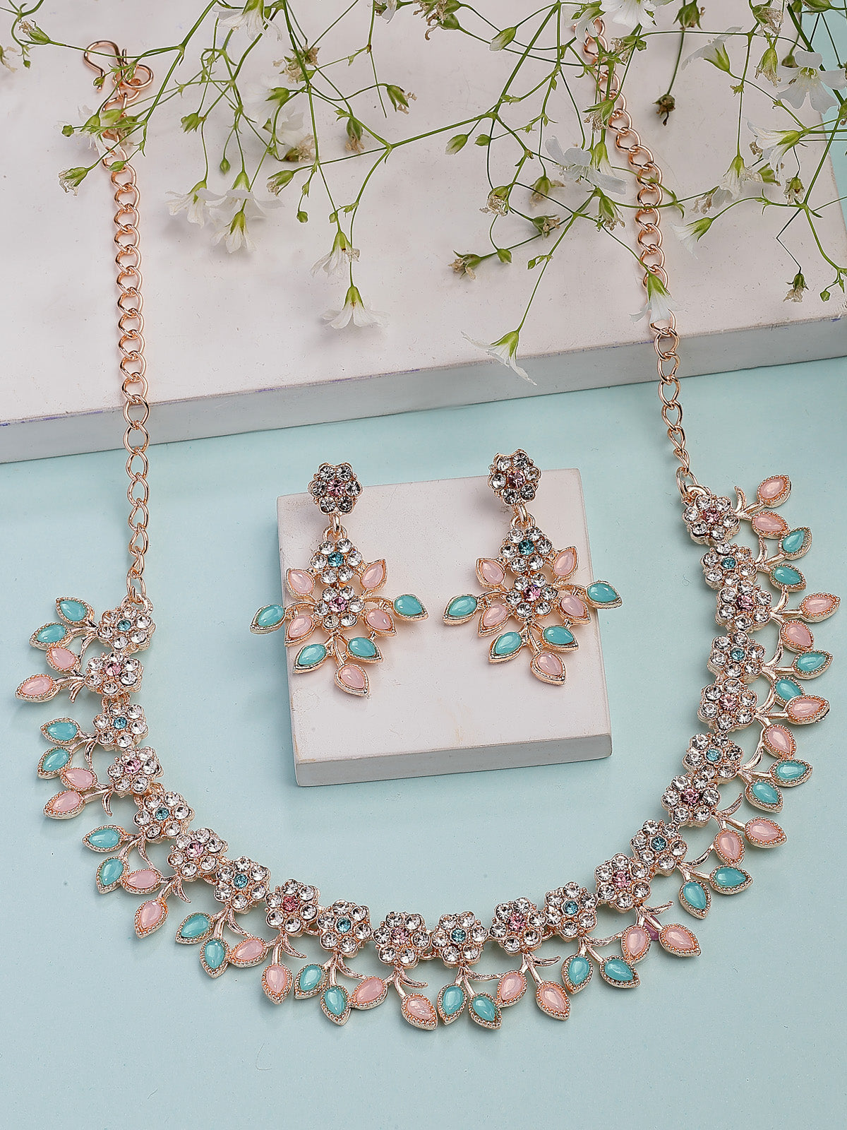 Sukkhi Charming Design Gold Plated AD Stone with Floral & Leaf Shaped Pink & Aqua Blue Choker Necklace with Dangle Earring Jewellery Set For Women & Girls|NS107398