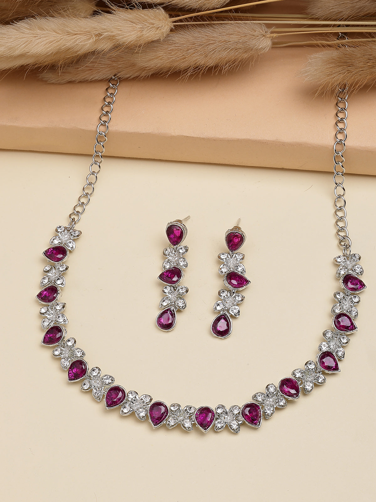 Sukkhi Princess Style AD Stone with Rhodium Plated Silver Red Choker Necklace with Drop Earring Jewellery Set For Women & Girls|NS107399