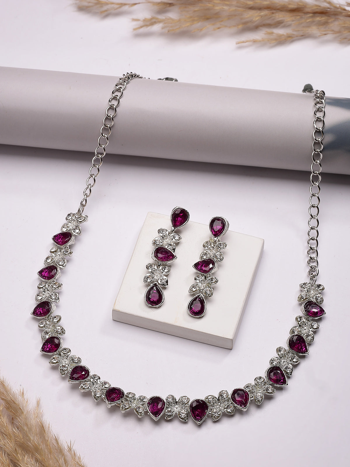 Sukkhi Princess Style AD Stone with Rhodium Plated Silver Red Choker Necklace with Drop Earring Jewellery Set For Women & Girls|NS107399