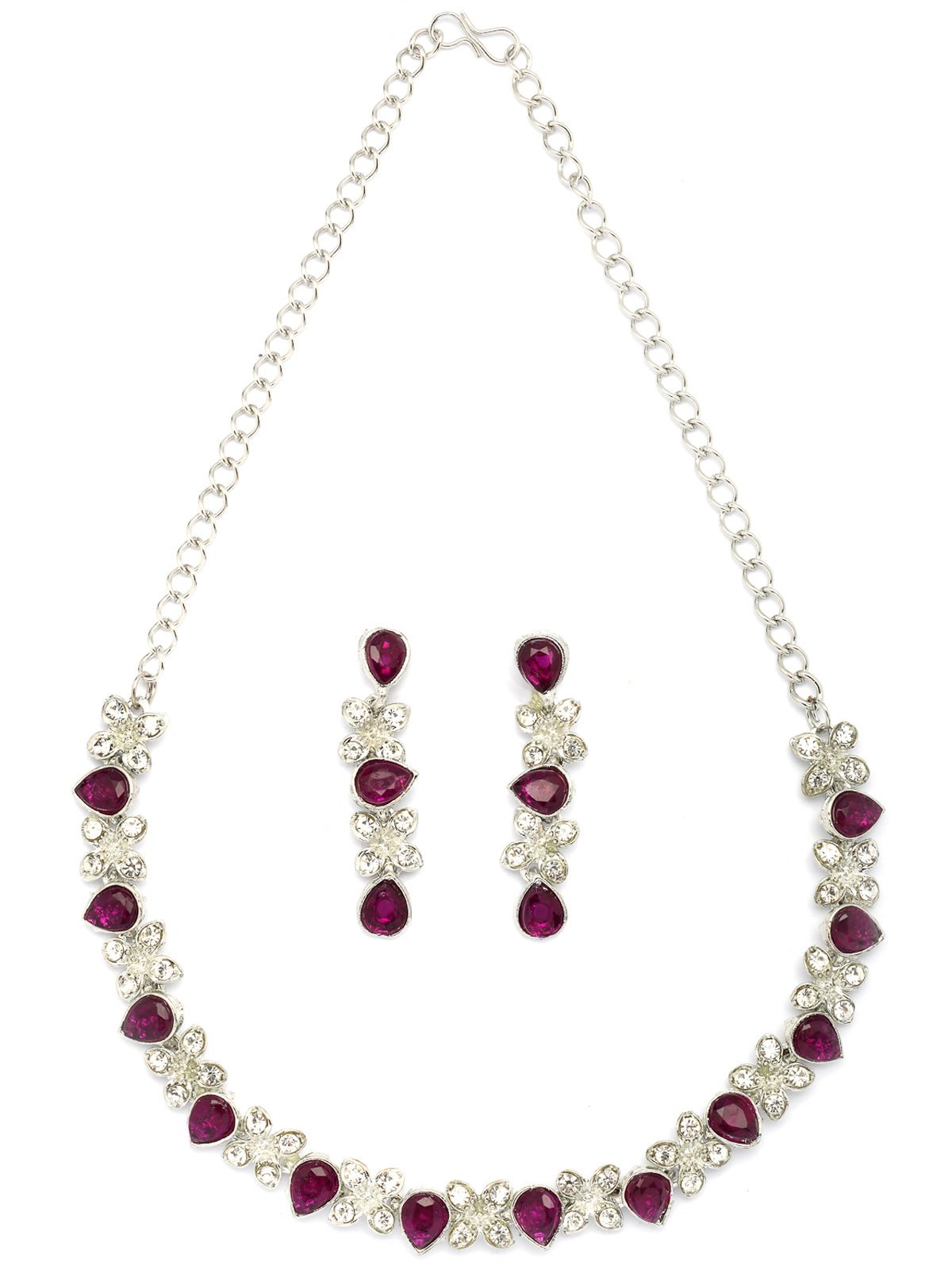 Sukkhi Princess Style AD Stone with Rhodium Plated Silver Red Choker Necklace with Drop Earring Jewellery Set For Women & Girls|NS107399