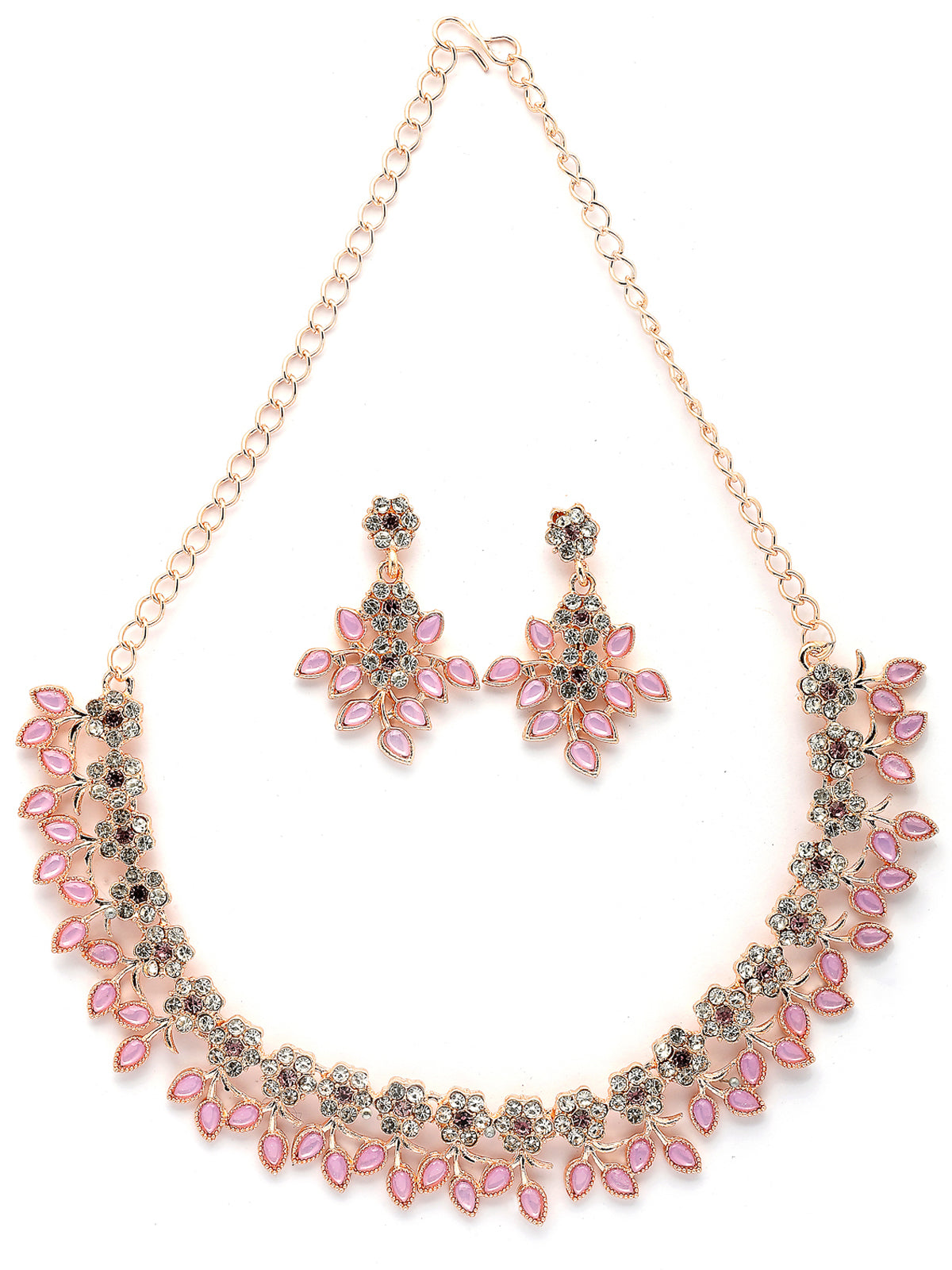 Sukkhi Charming Design Gold Plated AD Stone with Floral & Leaf Shaped Pink Choker Necklace with Dangle Earring Jewellery Set For Women & Girls|NS107400