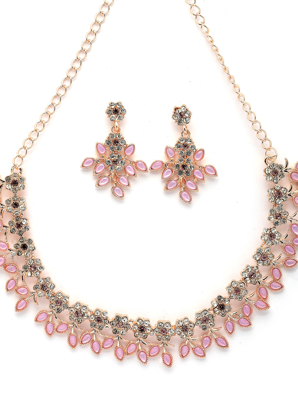 Sukkhi Charming Design Gold Plated AD Stone with Floral & Leaf Shaped Pink Choker Necklace with Dangle Earring Jewellery Set For Women & Girls|NS107400