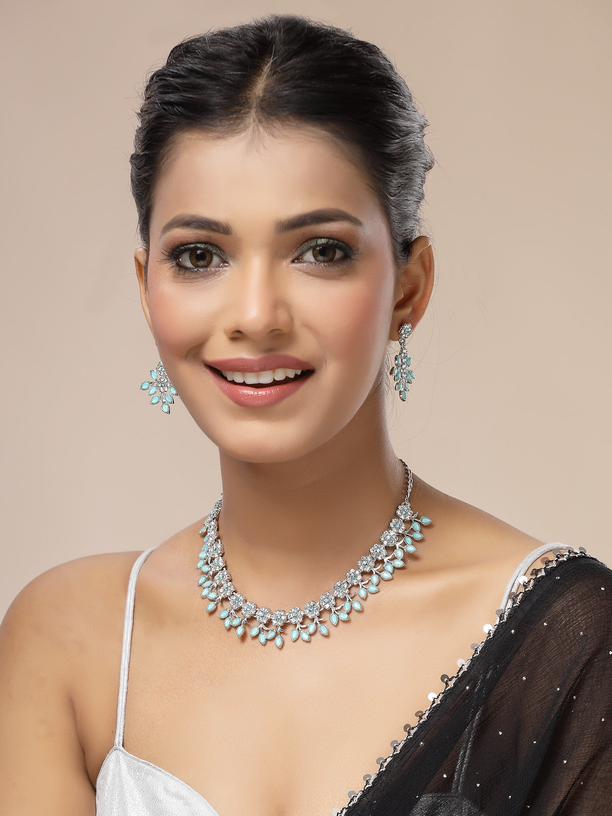 Sukkhi Charming Design Gold Plated AD Stone with Floral & Leaf Shaped Aqua Blue Choker Necklace with Dangle Earring Jewellery Set For Women & Girls|NS107404