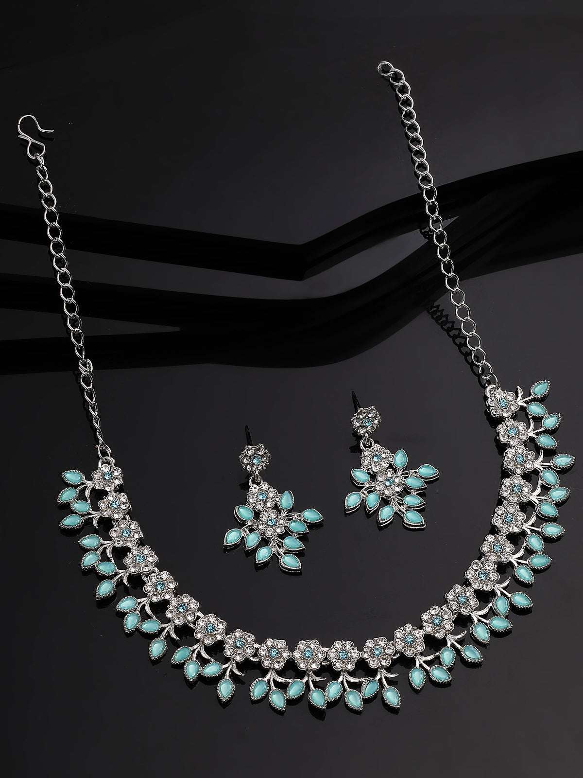 Sukkhi Charming Design Gold Plated AD Stone with Floral & Leaf Shaped Aqua Blue Choker Necklace with Dangle Earring Jewellery Set For Women & Girls|NS107404
