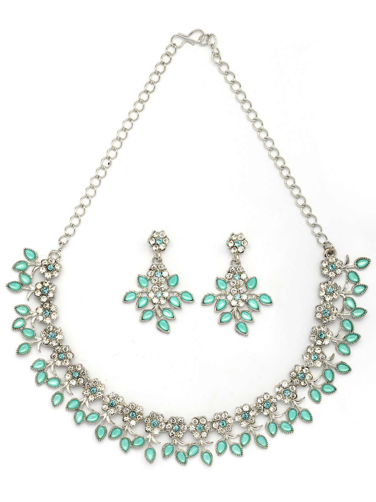 Sukkhi Charming Design Gold Plated AD Stone with Floral & Leaf Shaped Aqua Blue Choker Necklace with Dangle Earring Jewellery Set For Women & Girls|NS107404