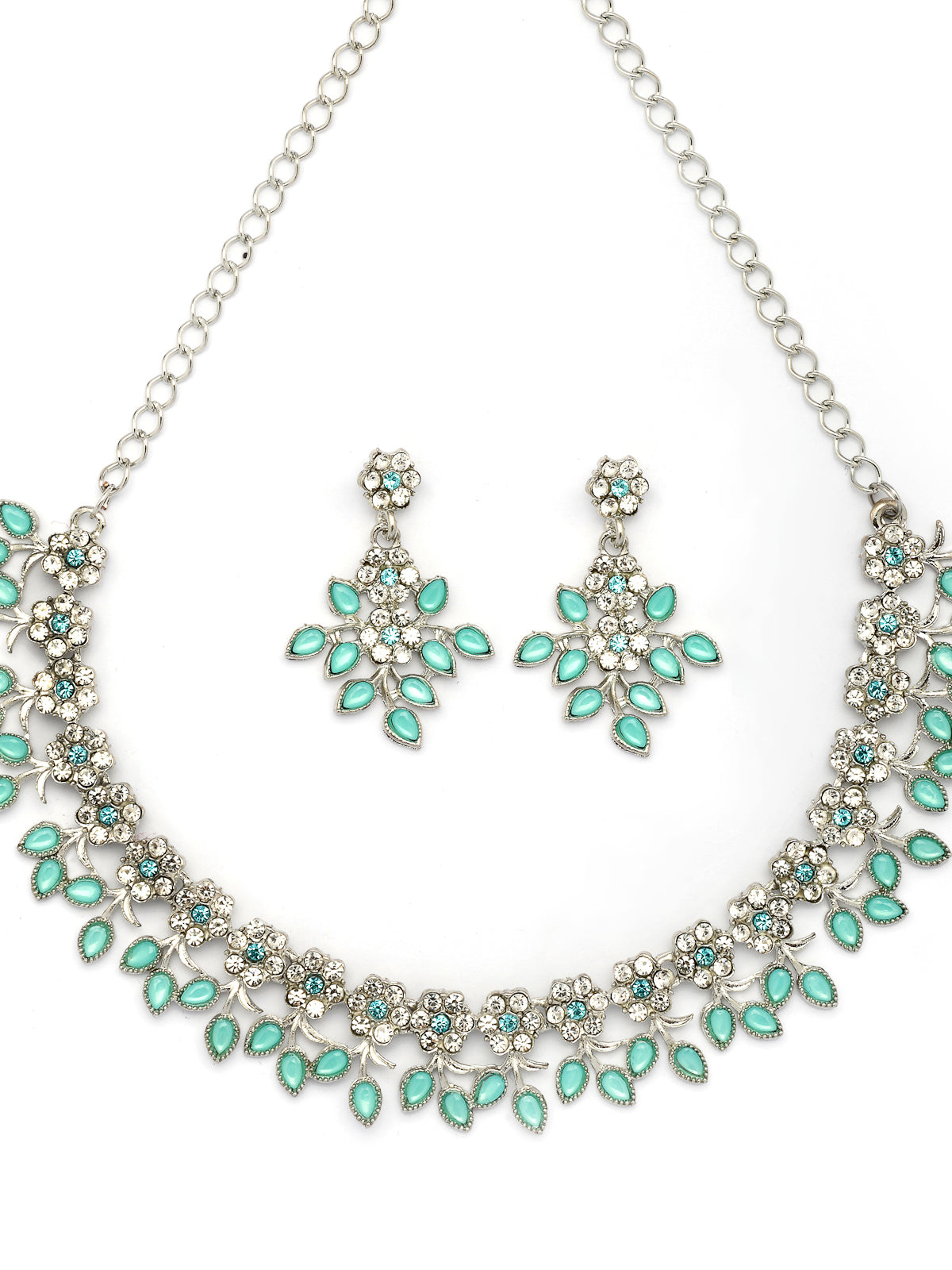 Sukkhi Charming Design Gold Plated AD Stone with Floral & Leaf Shaped Aqua Blue Choker Necklace with Dangle Earring Jewellery Set For Women & Girls|NS107404
