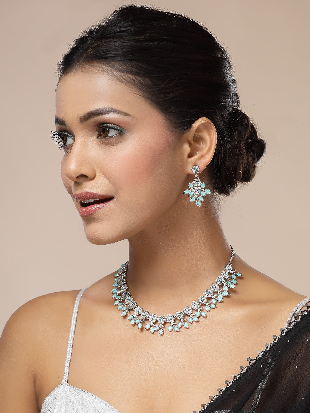 Sukkhi Charming Design Gold Plated AD Stone with Floral & Leaf Shaped Aqua Blue Choker Necklace with Dangle Earring Jewellery Set For Women & Girls|NS107404