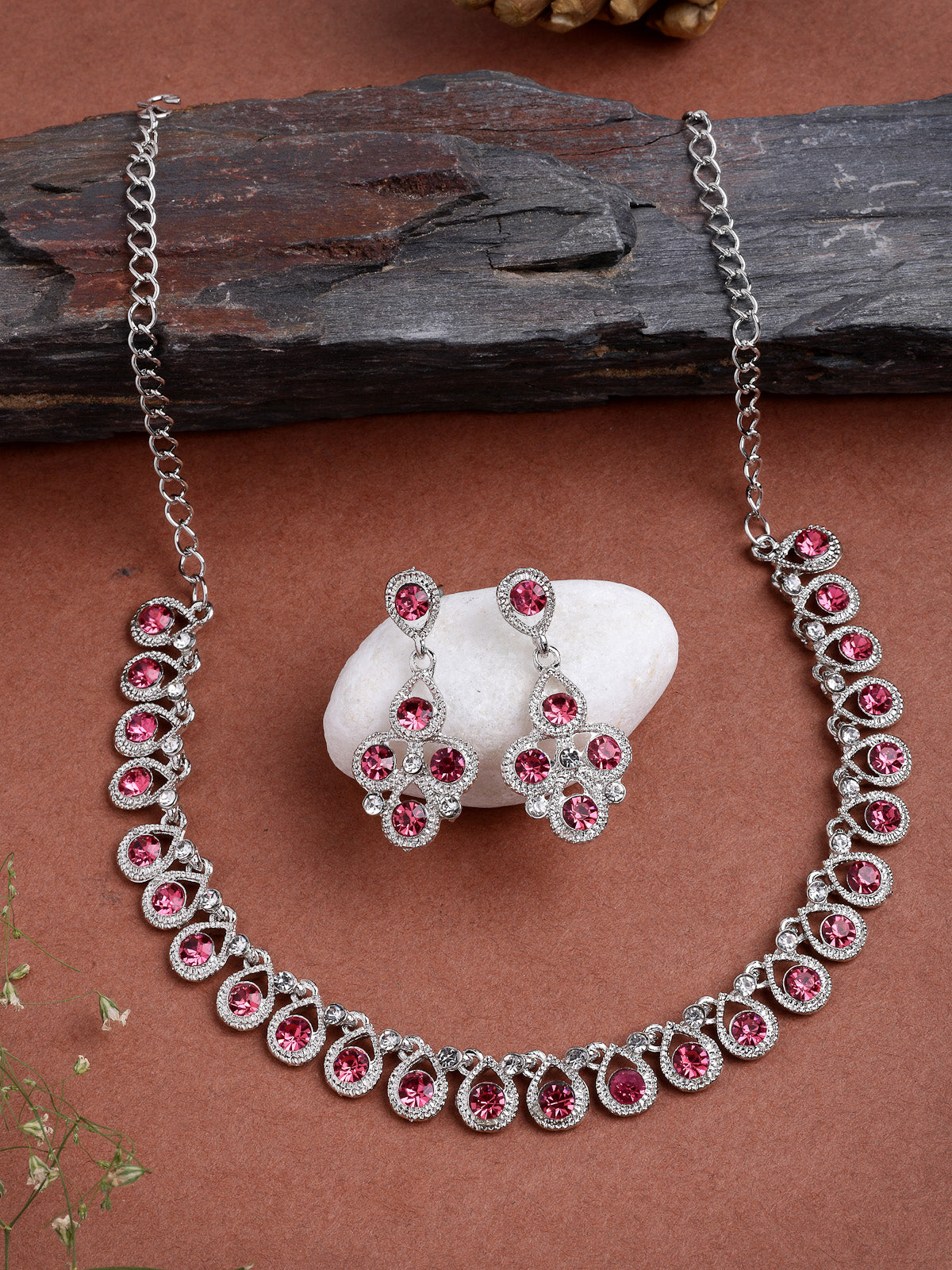 Sukkhi Beautiful Fashion Style Rhodium Silver Plated AD Diamond Studded Pink Choker Necklace with Dangle Earring Jewellery Set For Women & Girls|NS107405