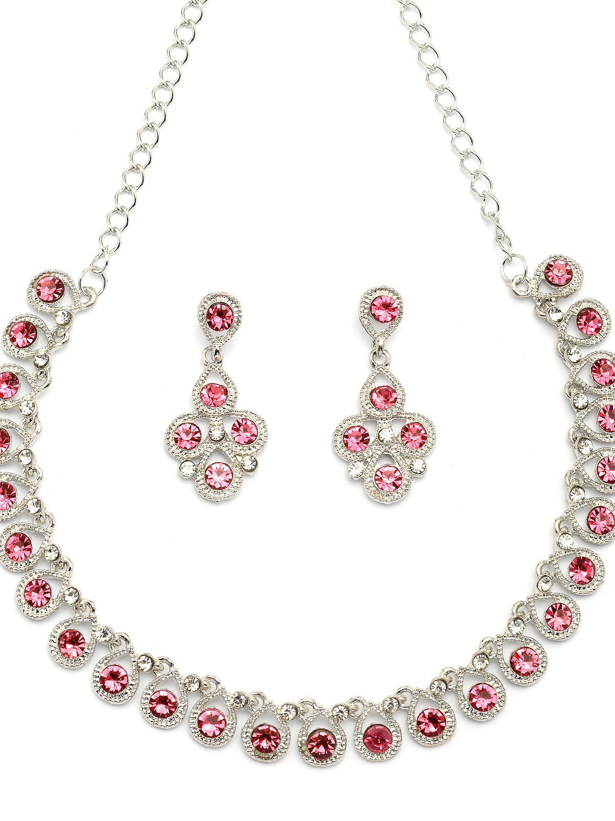 Sukkhi Beautiful Fashion Style Rhodium Silver Plated AD Diamond Studded Pink Choker Necklace with Dangle Earring Jewellery Set For Women & Girls|NS107405
