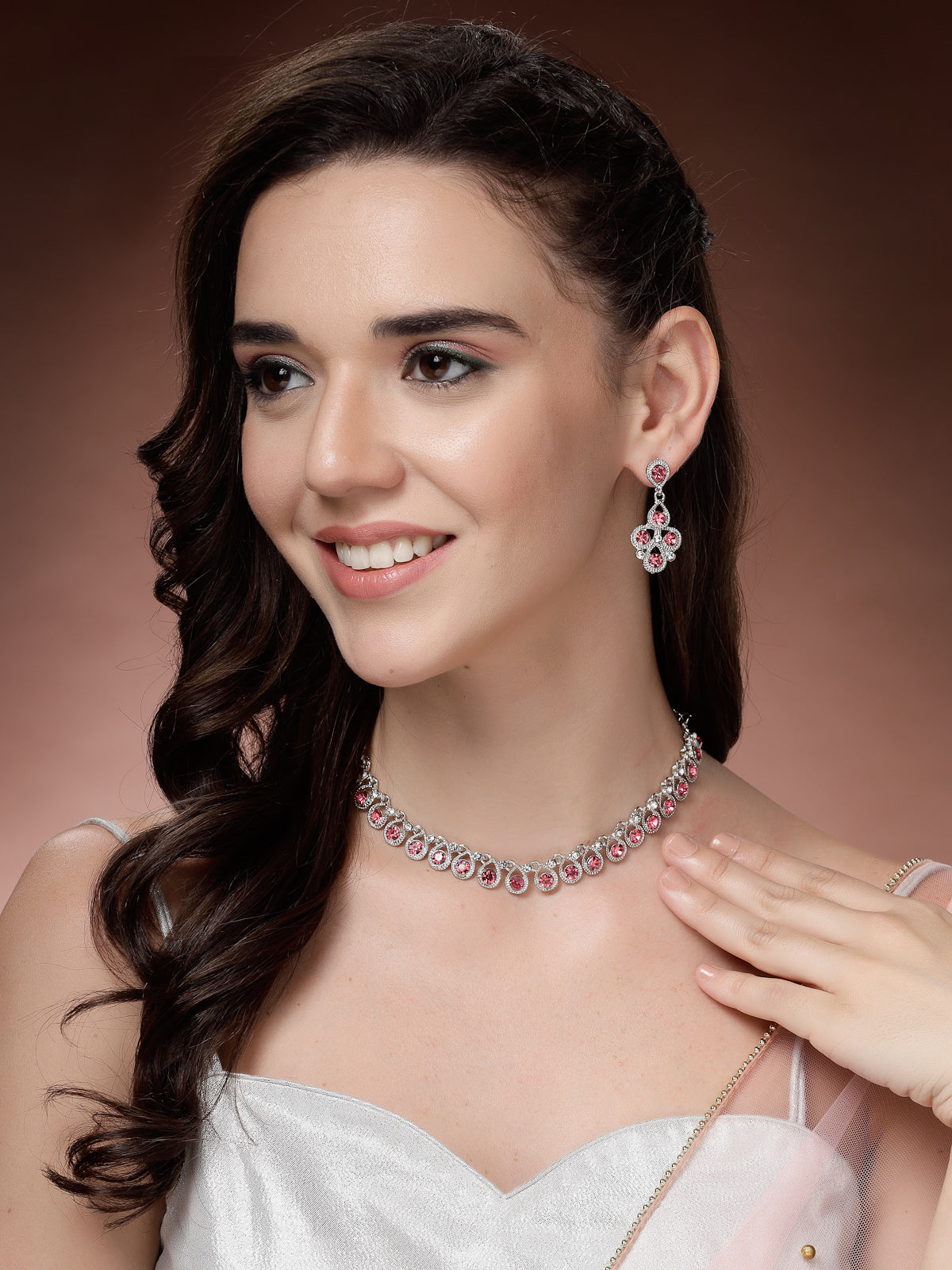 Sukkhi Beautiful Fashion Style Rhodium Silver Plated AD Diamond Studded Pink Choker Necklace with Dangle Earring Jewellery Set For Women & Girls|NS107405