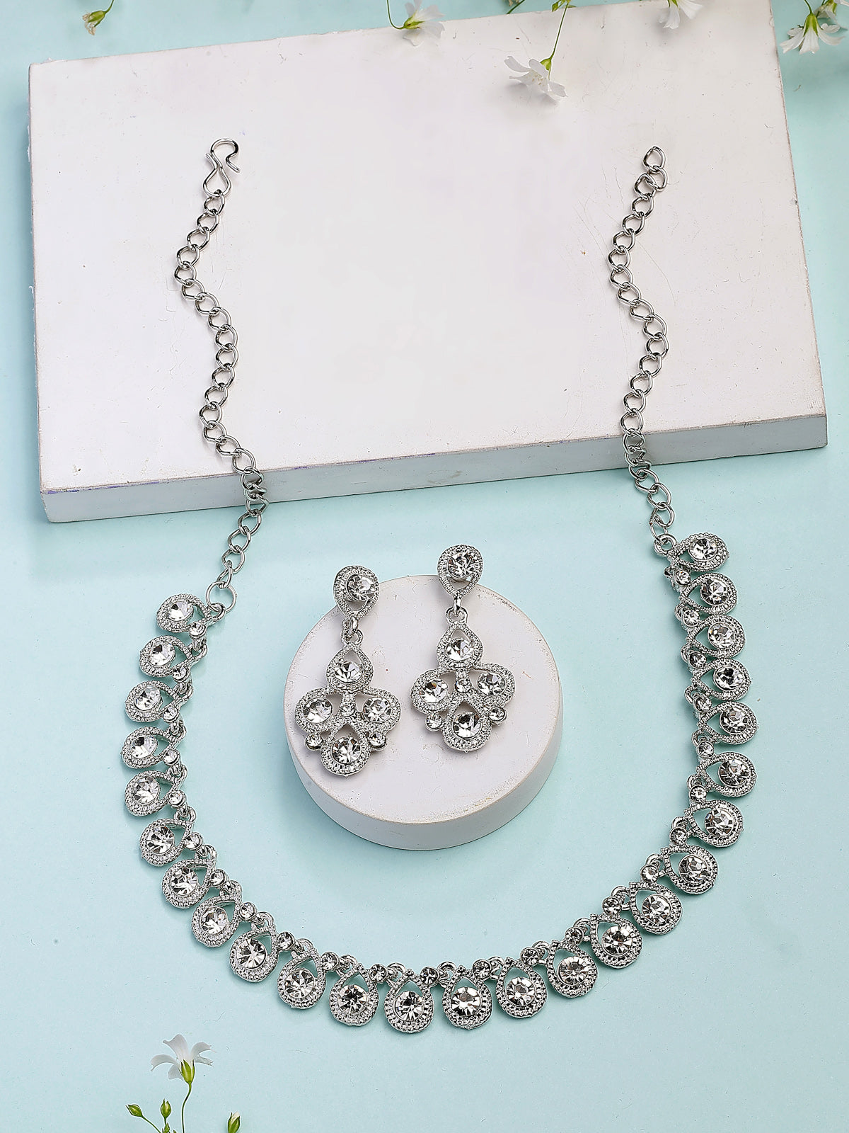 Sukkhi Beautiful Fashion Style Rhodium Silver Plated AD Diamond Studded Choker Necklace with Dangle Earring Jewellery Set For Women & Girls|NS107408