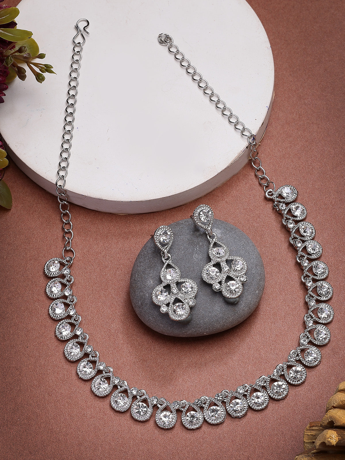 Sukkhi Beautiful Fashion Style Rhodium Silver Plated AD Diamond Studded Choker Necklace with Dangle Earring Jewellery Set For Women & Girls|NS107408