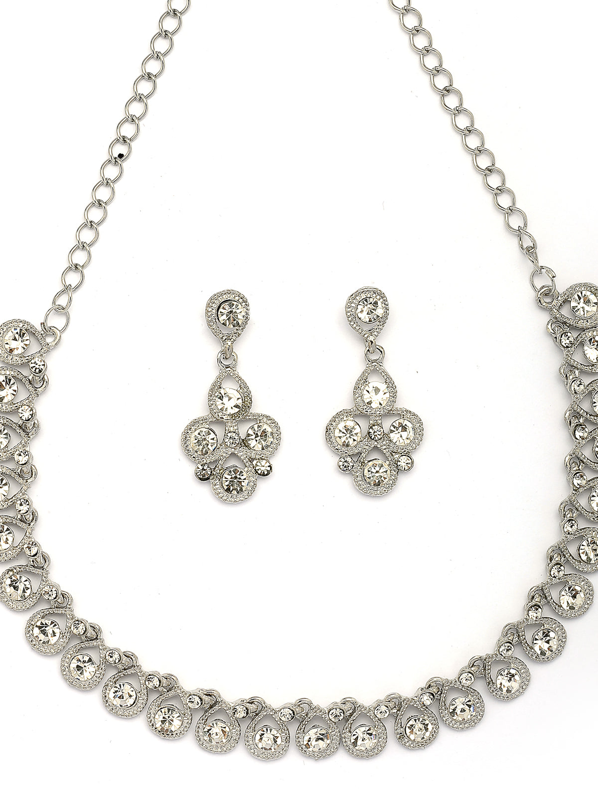 Sukkhi Beautiful Fashion Style Rhodium Silver Plated AD Diamond Studded Choker Necklace with Dangle Earring Jewellery Set For Women & Girls|NS107408