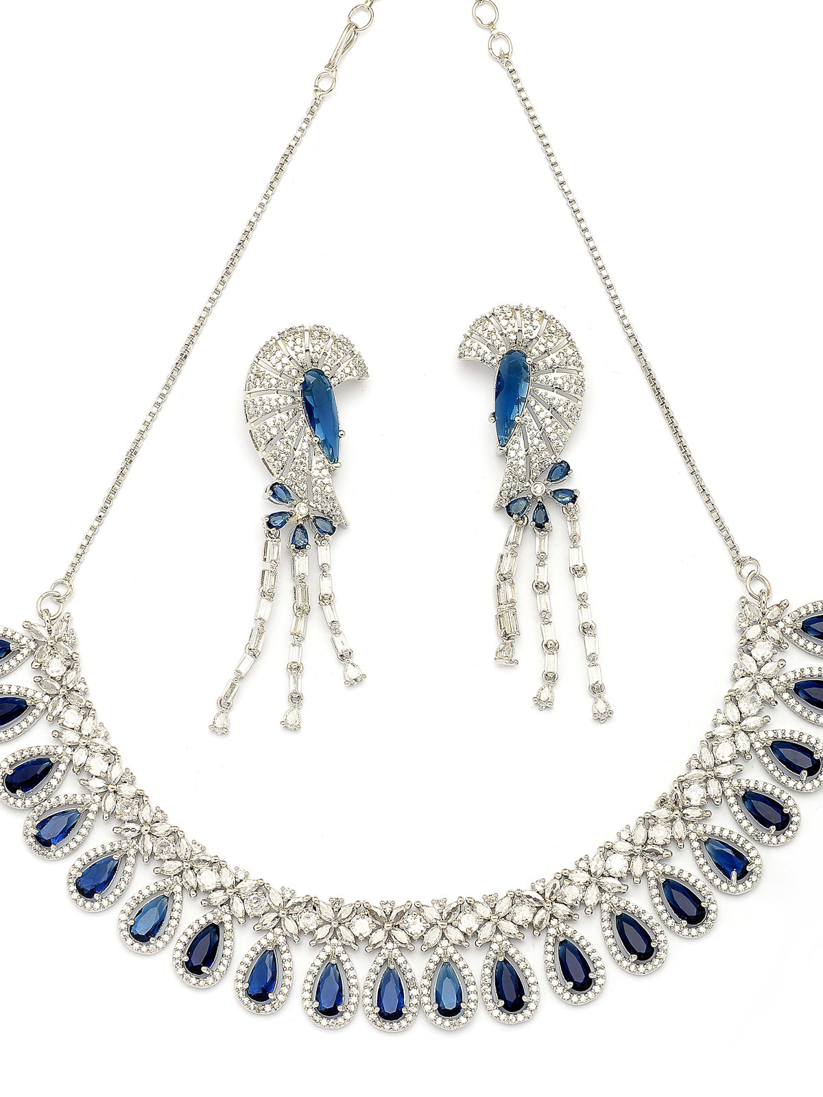 Sukkhi Lavish Fashionable Rhodium Plated Silver Toned & American Diamond StudsDrop Shaped Blue Choker Necklace With Dangle Earring Jewellery Set for Women & Girls|NS107409