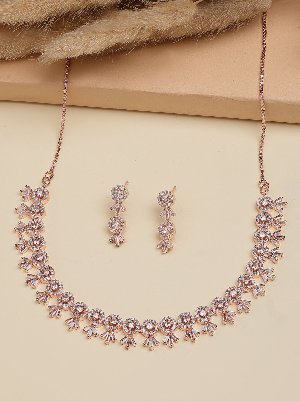 Sukkhi Sensational Stylish American Diamond Studded With Rose Gold Detailing Choker Necklace with Dangle Earring Jewellery Set For Women & Girls|NS107413