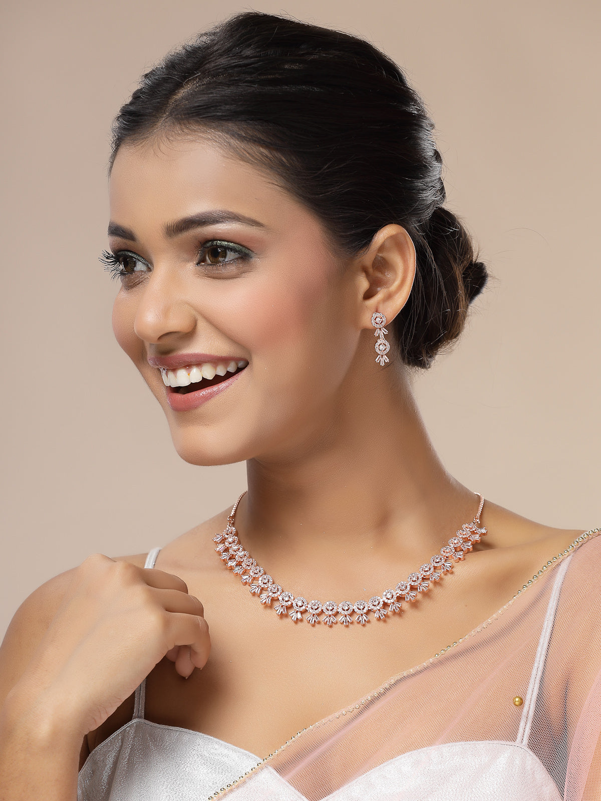 Sukkhi Sensational Stylish American Diamond Studded With Rose Gold Detailing Choker Necklace with Dangle Earring Jewellery Set For Women & Girls|NS107413