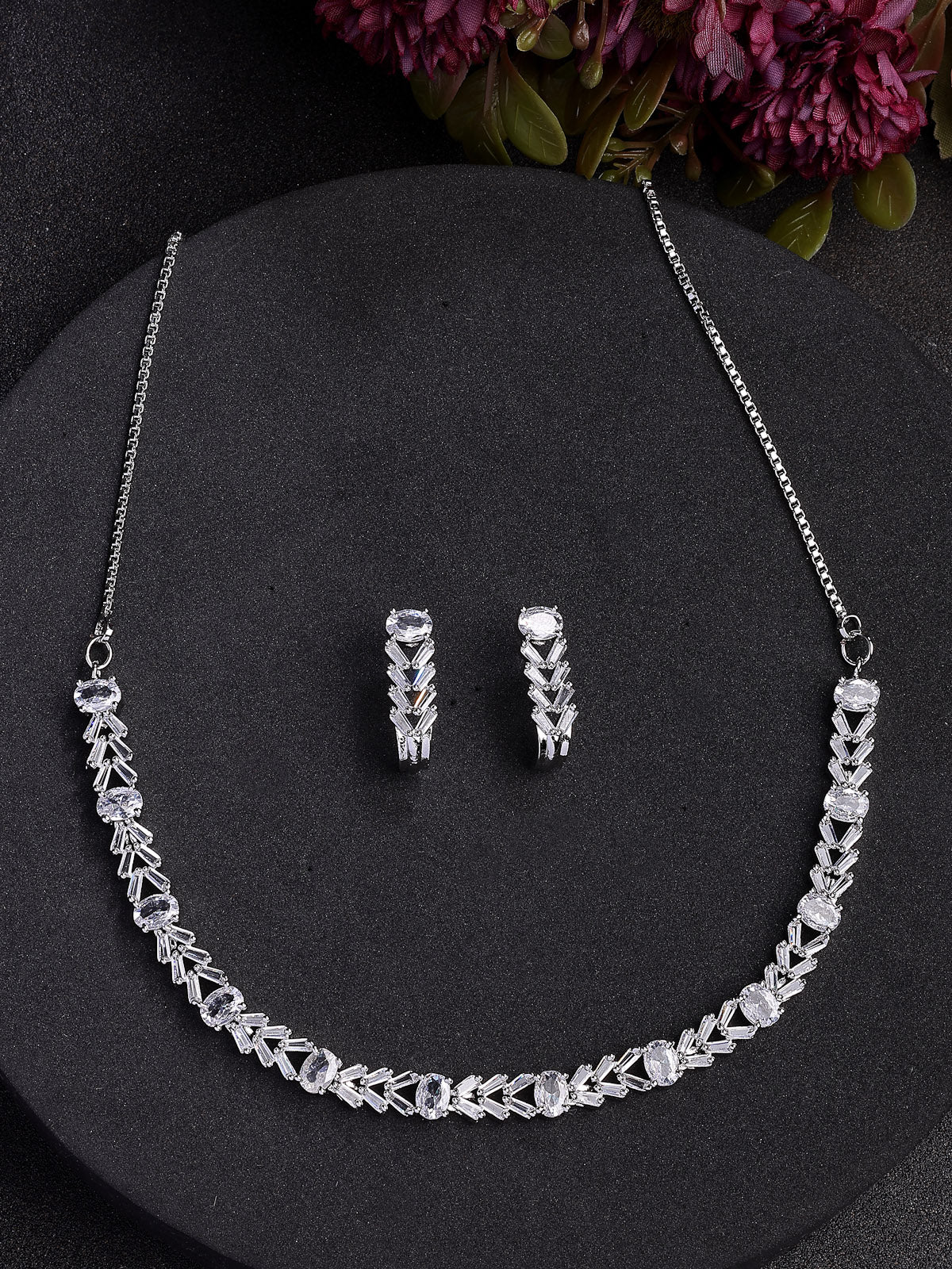 Sukkhi Sophisticated Stylish Rhodium Silver Toned Plated American Diamond Studded Choker Necklace With Drop Earrings Jewellery Set for Women & Girls|NS107416
