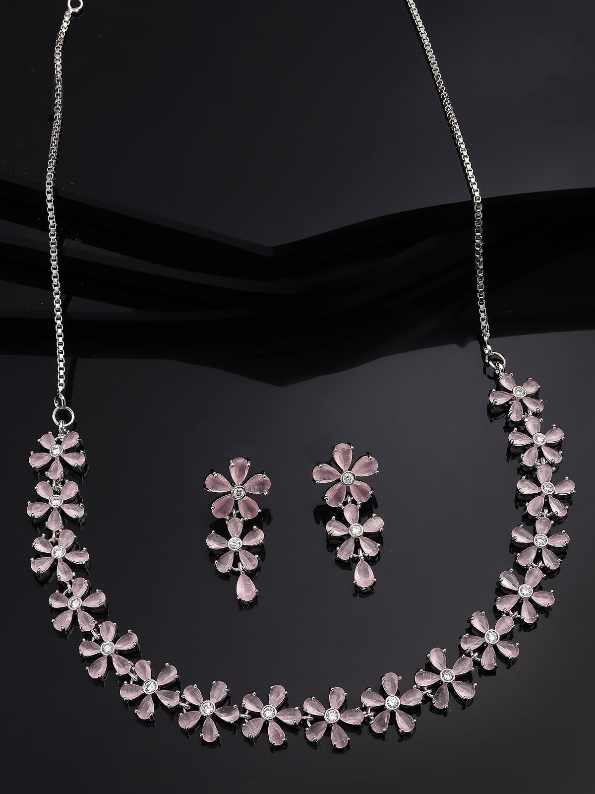Sukkhi Attractive Rhodium Plated Silver Toned with American Diamond Studded Floral Shaped Pink Choker Necklace with Drop Earring Jewellery Set For Women & Girls|NS107417