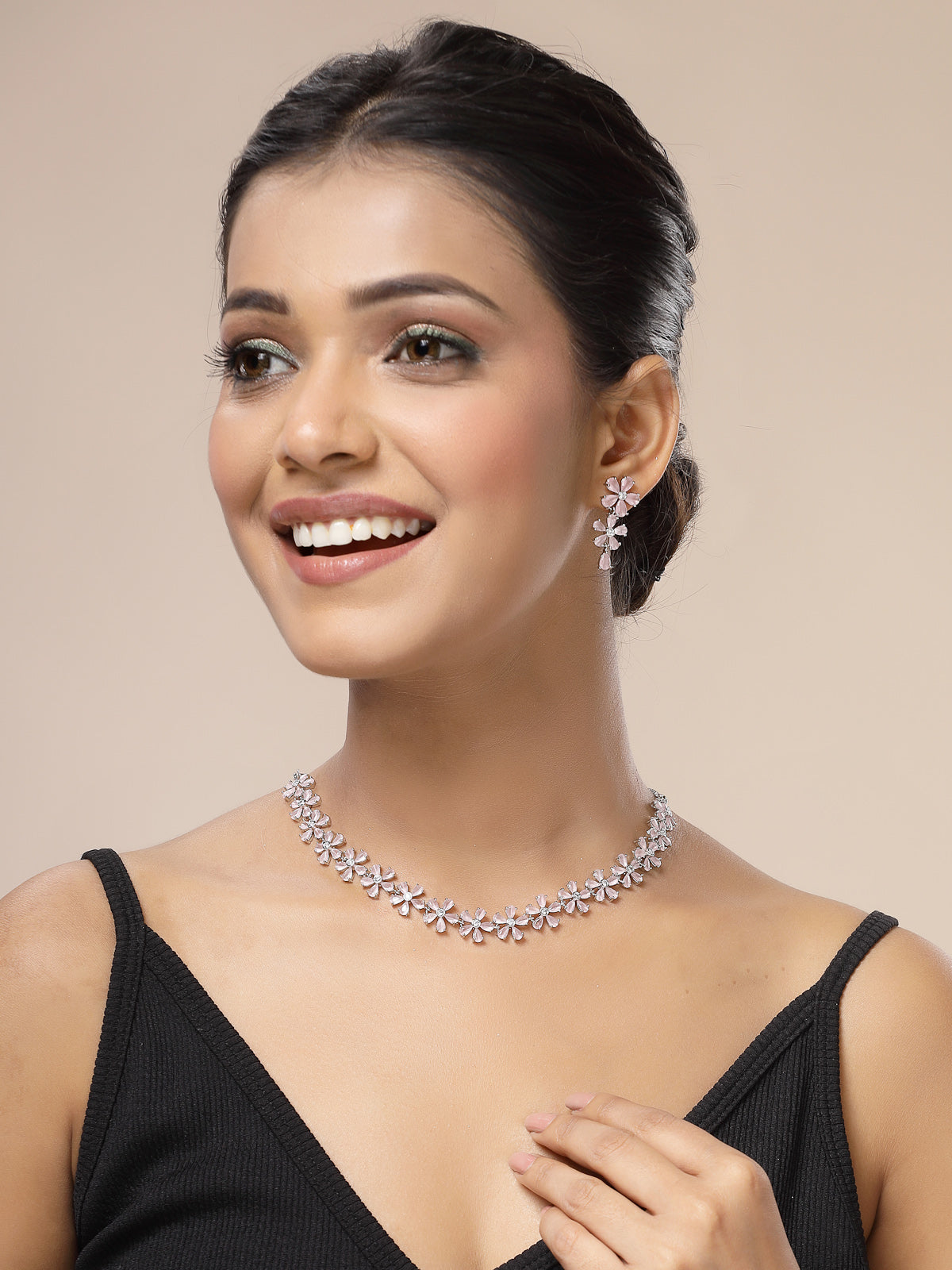 Sukkhi Attractive Rhodium Plated Silver Toned with American Diamond Studded Floral Shaped Pink Choker Necklace with Drop Earring Jewellery Set For Women & Girls|NS107417