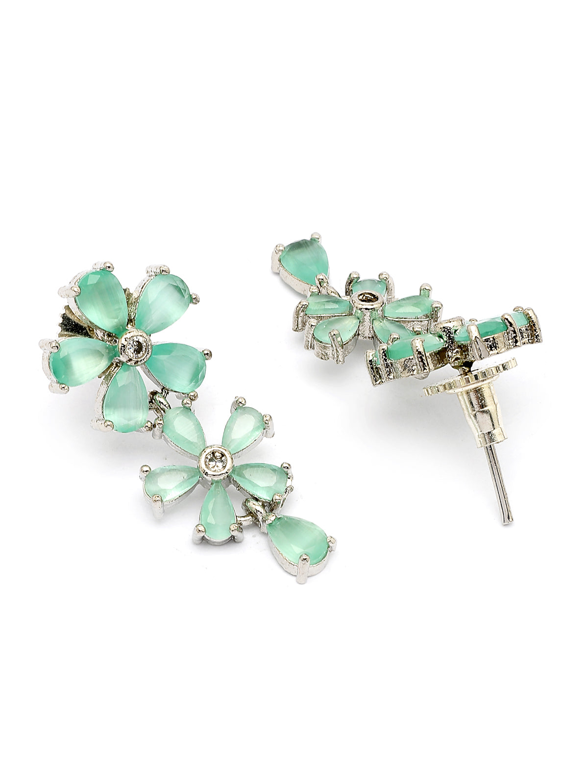 Sukkhi Attractive Rhodium Plated Silver Toned with American Diamond Studded Floral Shaped Sea Green Choker Necklace with Drop Earring Jewellery Set For Women & Girls|NS107418