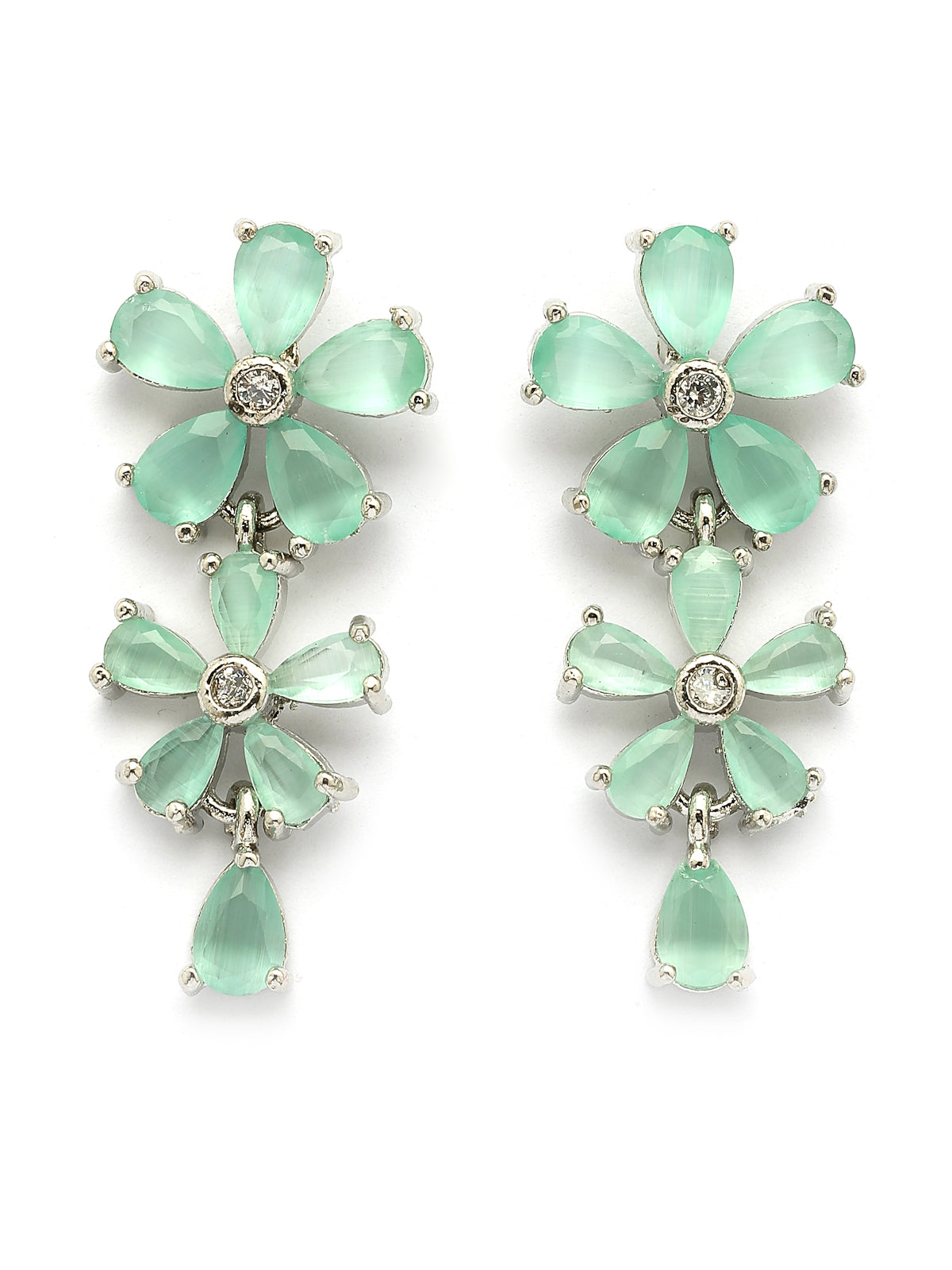 Sukkhi Attractive Rhodium Plated Silver Toned with American Diamond Studded Floral Shaped Sea Green Choker Necklace with Drop Earring Jewellery Set For Women & Girls|NS107418