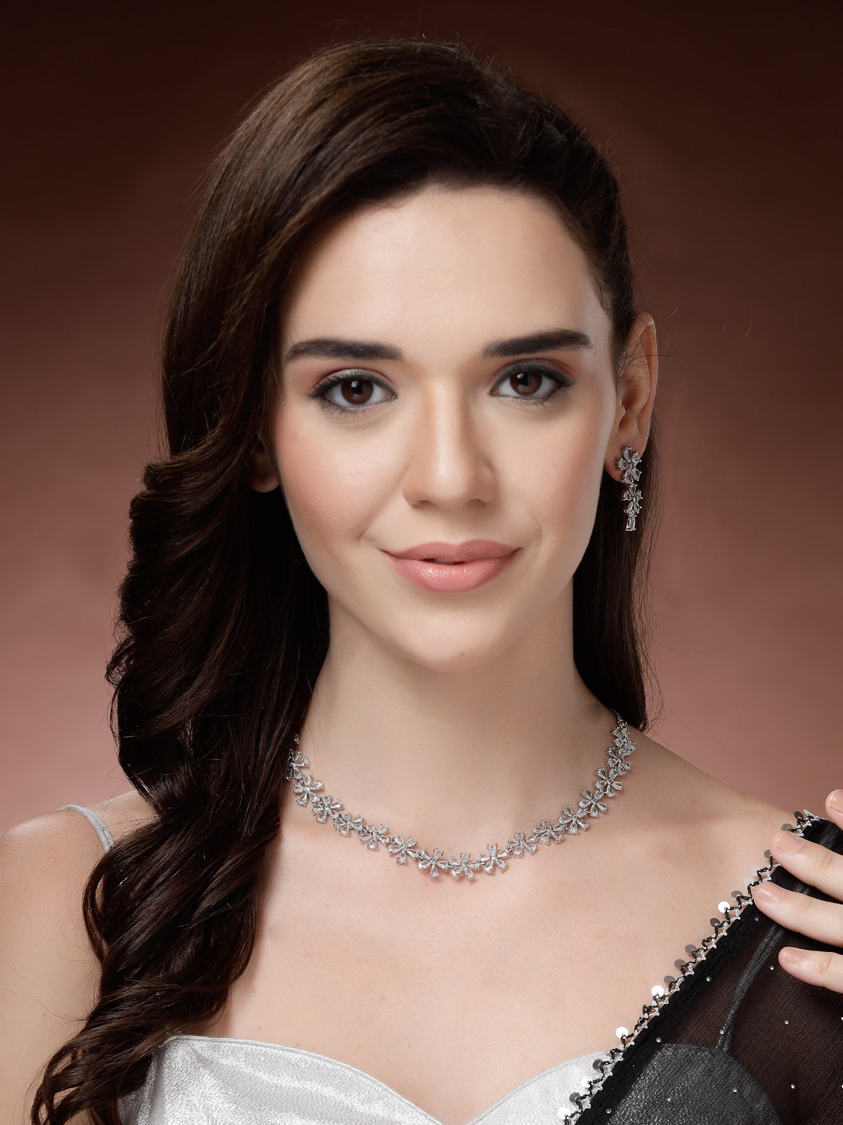 Sukkhi Attractive Rhodium Plated Silver Toned with American Diamond Studded Floral Shaped Choker Necklace with Drop Earring Jewellery Set For Women & Girls|NS107419