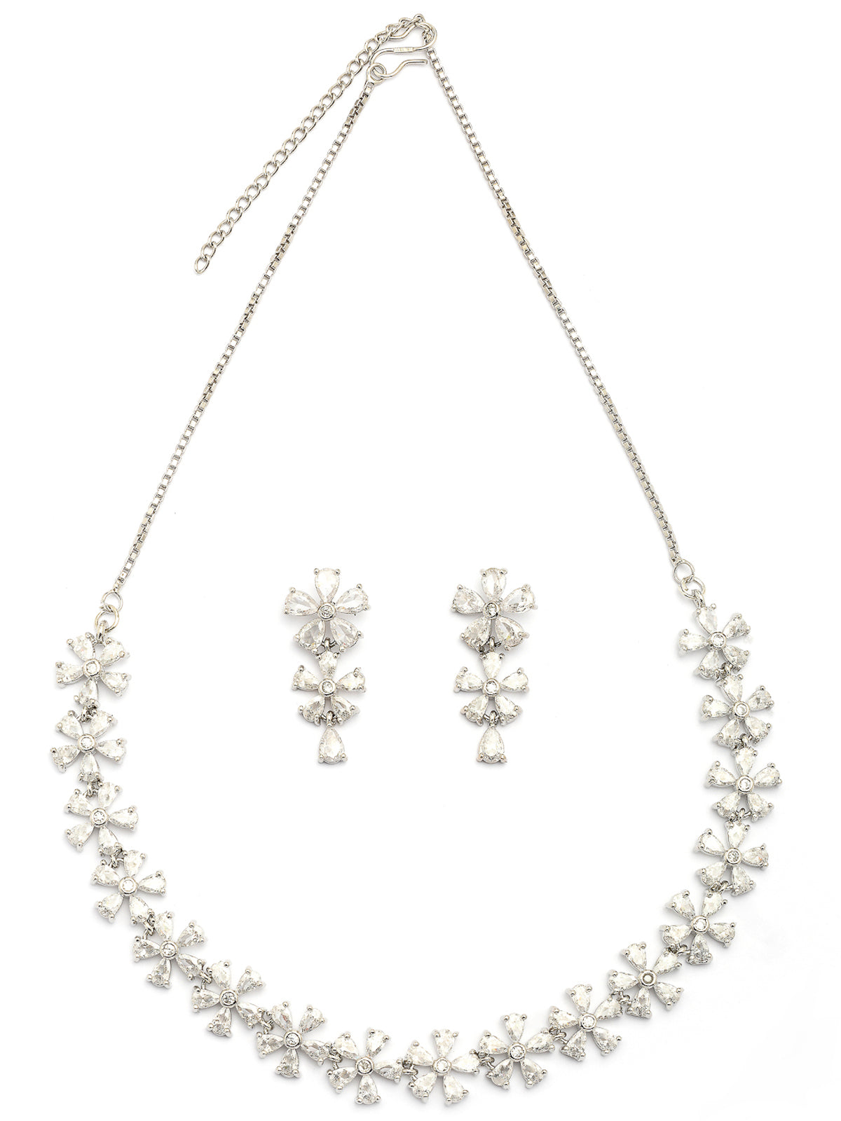 Sukkhi Attractive Rhodium Plated Silver Toned with American Diamond Studded Floral Shaped Choker Necklace with Drop Earring Jewellery Set For Women & Girls|NS107419